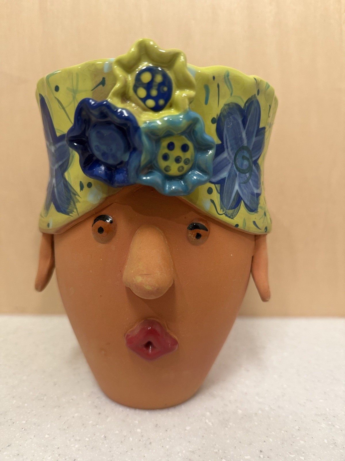 Vintage Bird Brain Inc. 2004 Terra Cotta Lady Turban Planter pot head Blue/Green