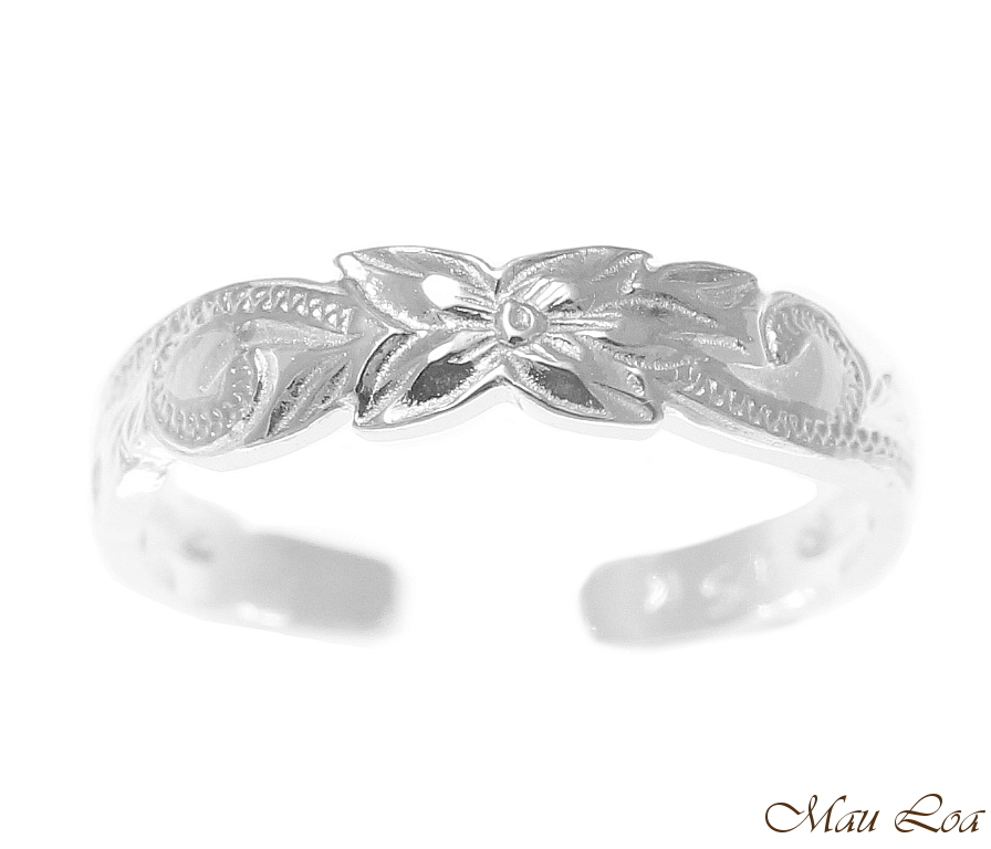 925 Sterling Silver Hawaiian Plumeria Flower Scroll 4mm Cut Out Open Toe Ring