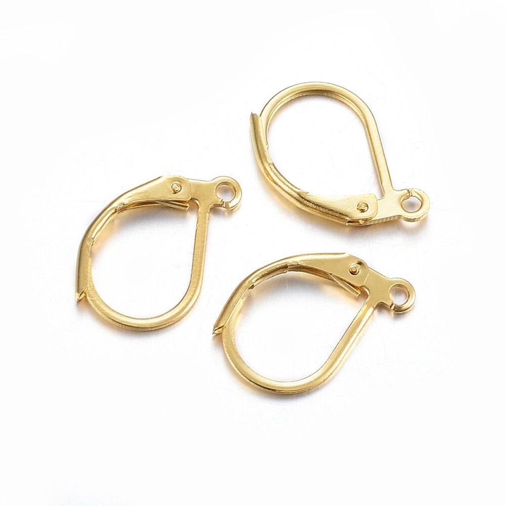100Pcs 304 Stainless Steel Golden Leverback Earring Findings with Loop 15x10mm