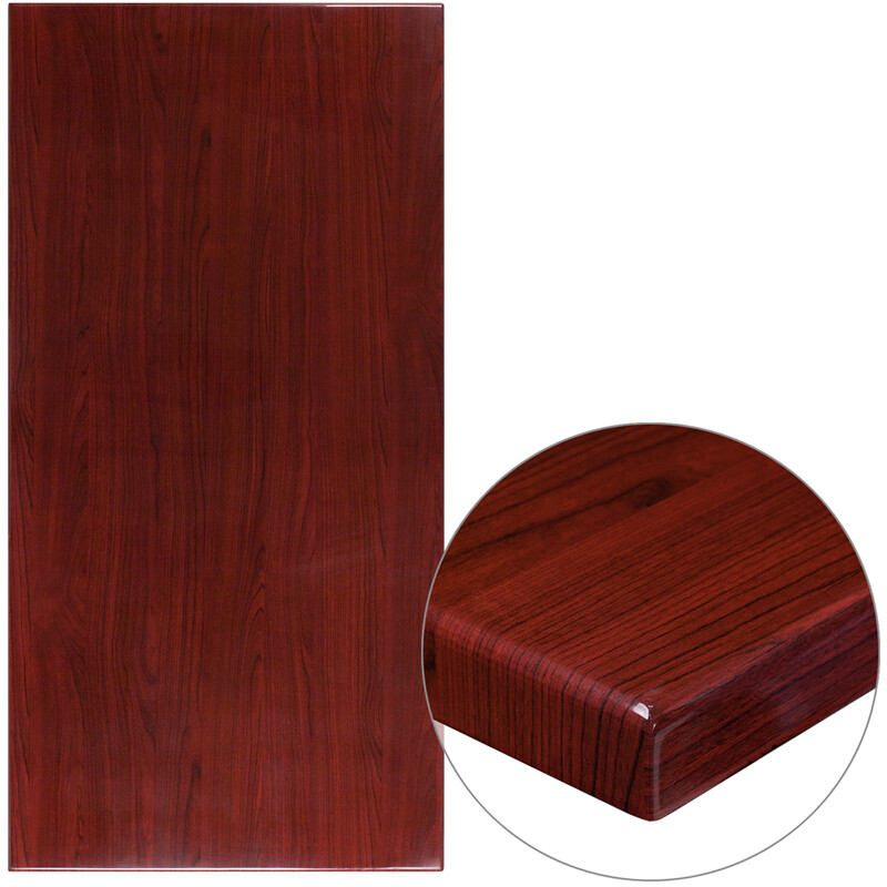 30" x 60" Rectangular Resin Restaurant Table Top in High-Gloss Mahogany Finish