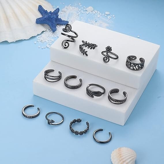 12PCS Adjustable Beach Foot Jewelry Set Copper Toe Ring Multiple Styles Black