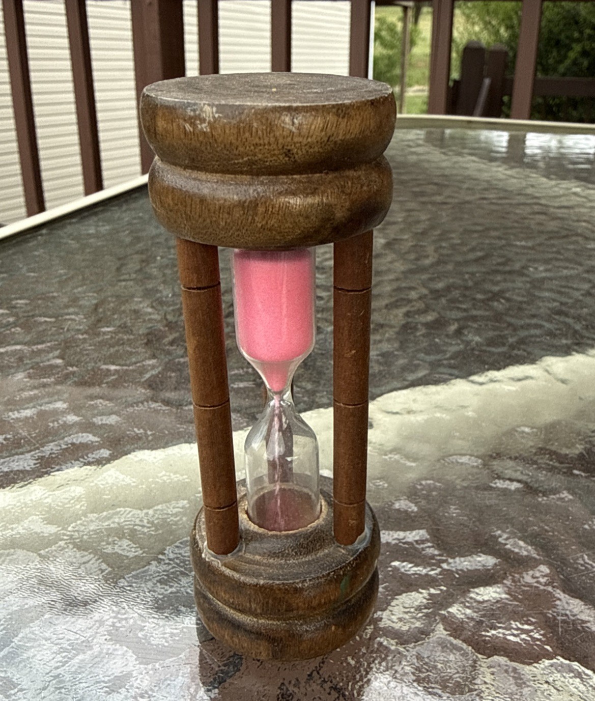 Vintage Wooden Sand Clock 4 Inch Tall Timer Hourglass Glass With Pink Sand
