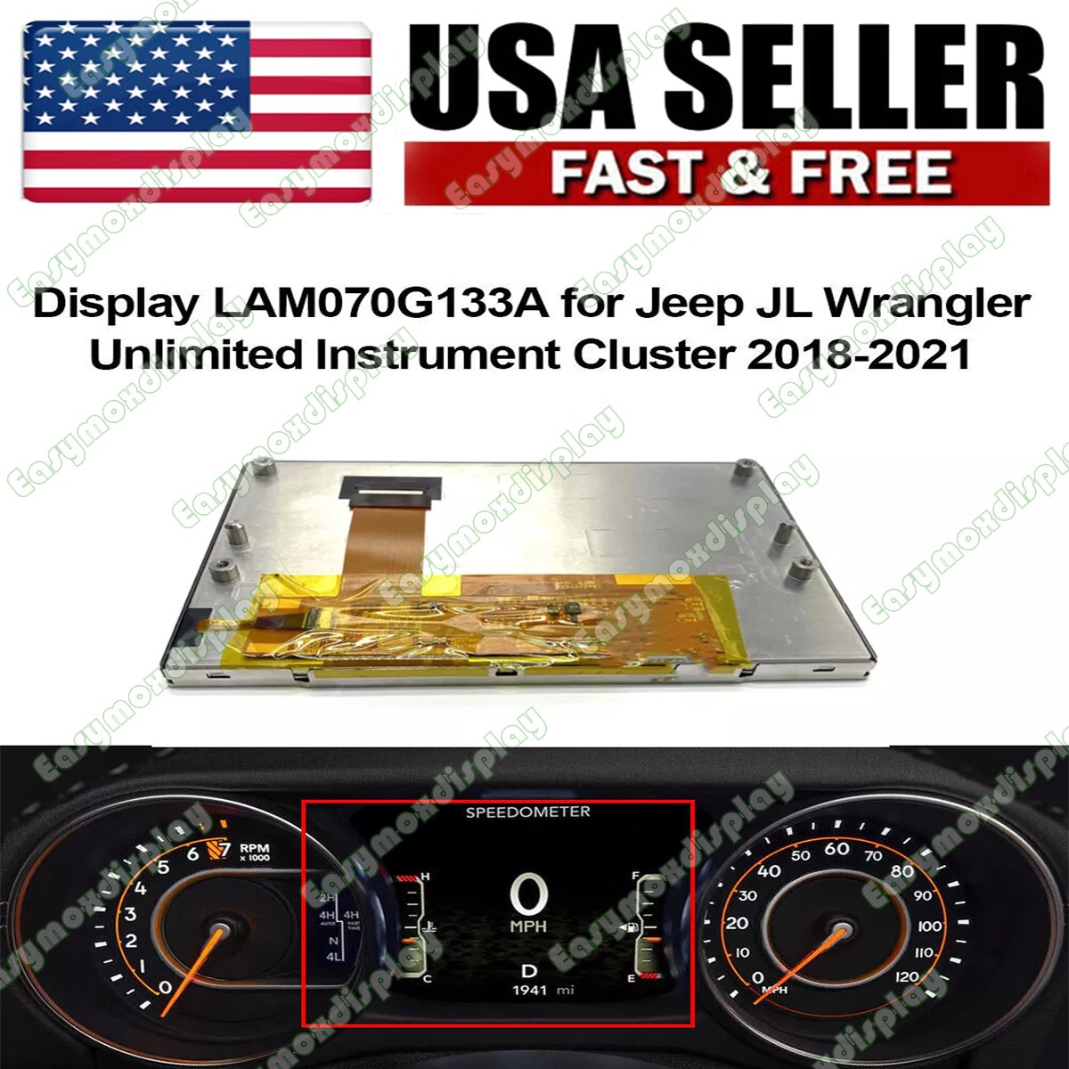 7" LAM070G133A Display For Jeep Wrangler JL Sahara 2018-2022 Instrument Cluster