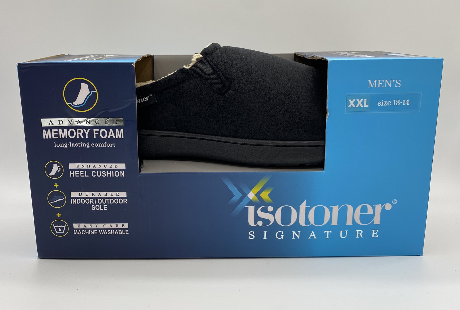 Isotoner Men's Microsuede Hoodback Slipper Black Memory Foam Size XXL 13-14