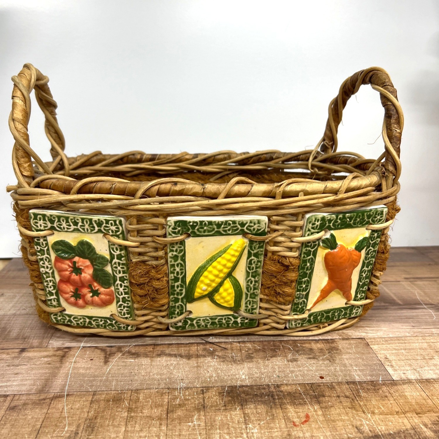 Fall Handwoven Wicker Basket With Ceramic Vegetable Panel Accents & Sturdy Handl