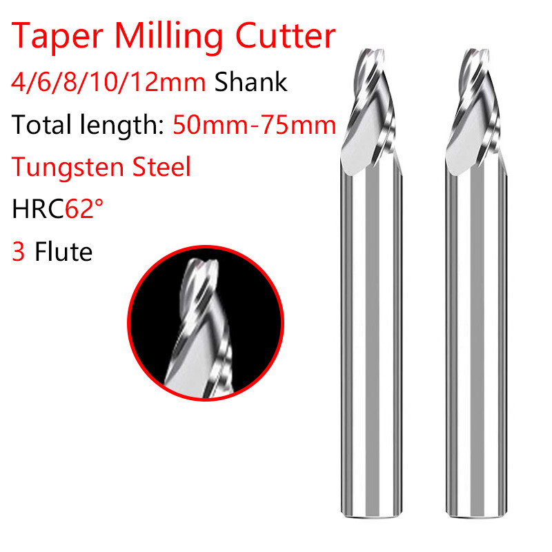 HRC62° Carbide Taper End Mill 1mm-10mm Milling Cutter Bit 3-Flute For Aluminium