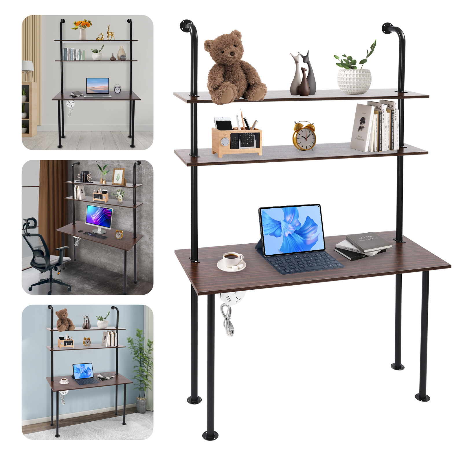 Wall Mounted Table Standing Desk Computer Laptop Desk W/Power Strip Modern Black