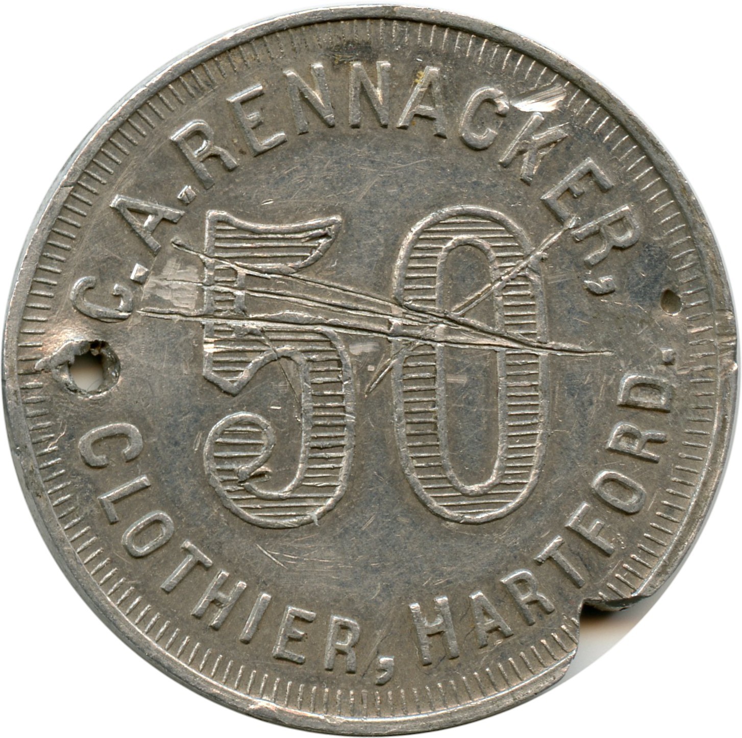 Hartford Connecticut CT C. A. Rennacker Clothier 50¢ on $10 Purchase Trade Token