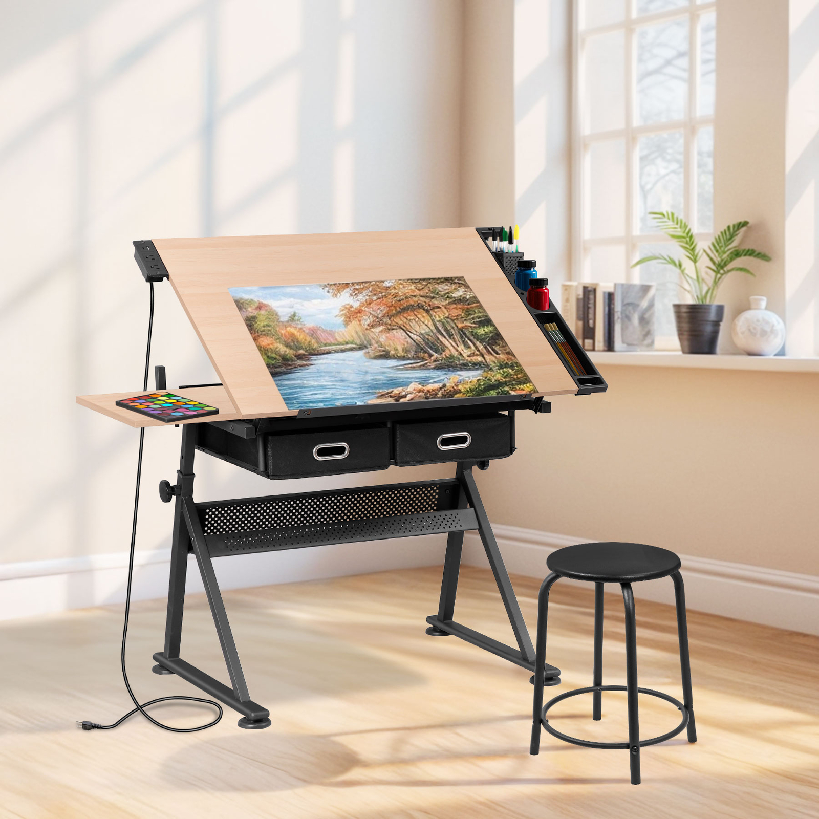 Drafting Table with Stool Set Artist Workstation Natural Writing Desk Home