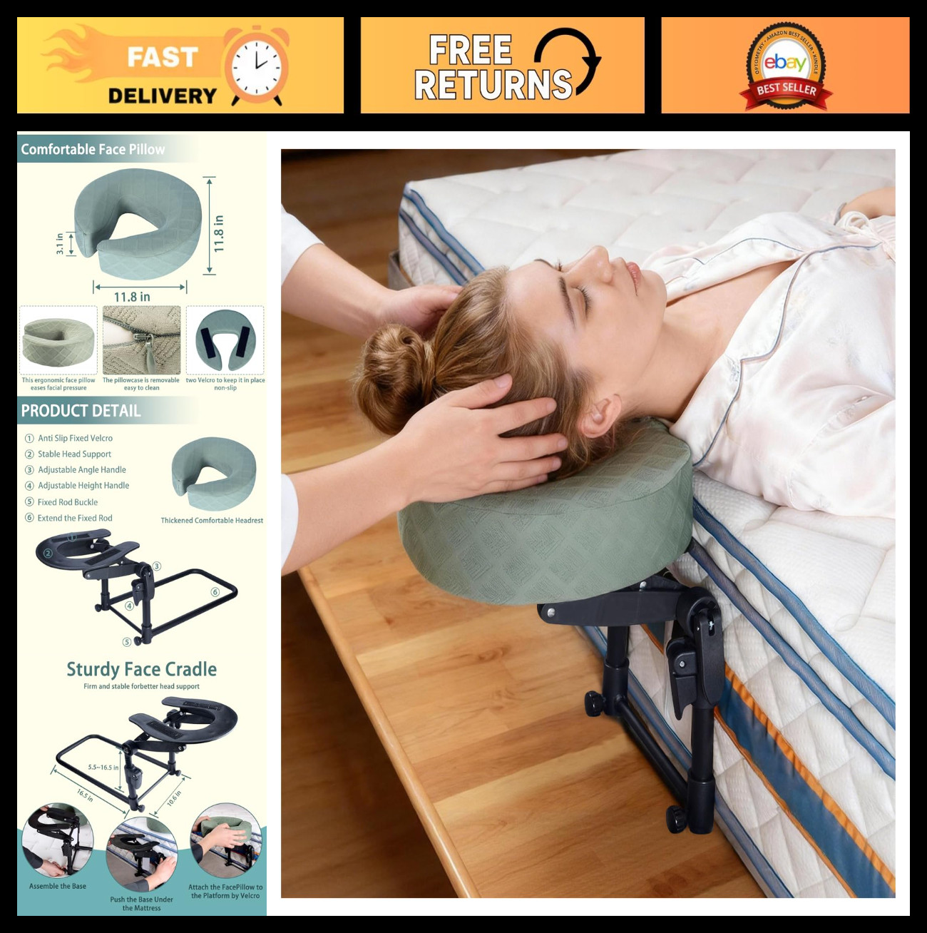 Adjustable Massage Headrest Pillow for Bed - Face Cradle for Eye Surgery Recover