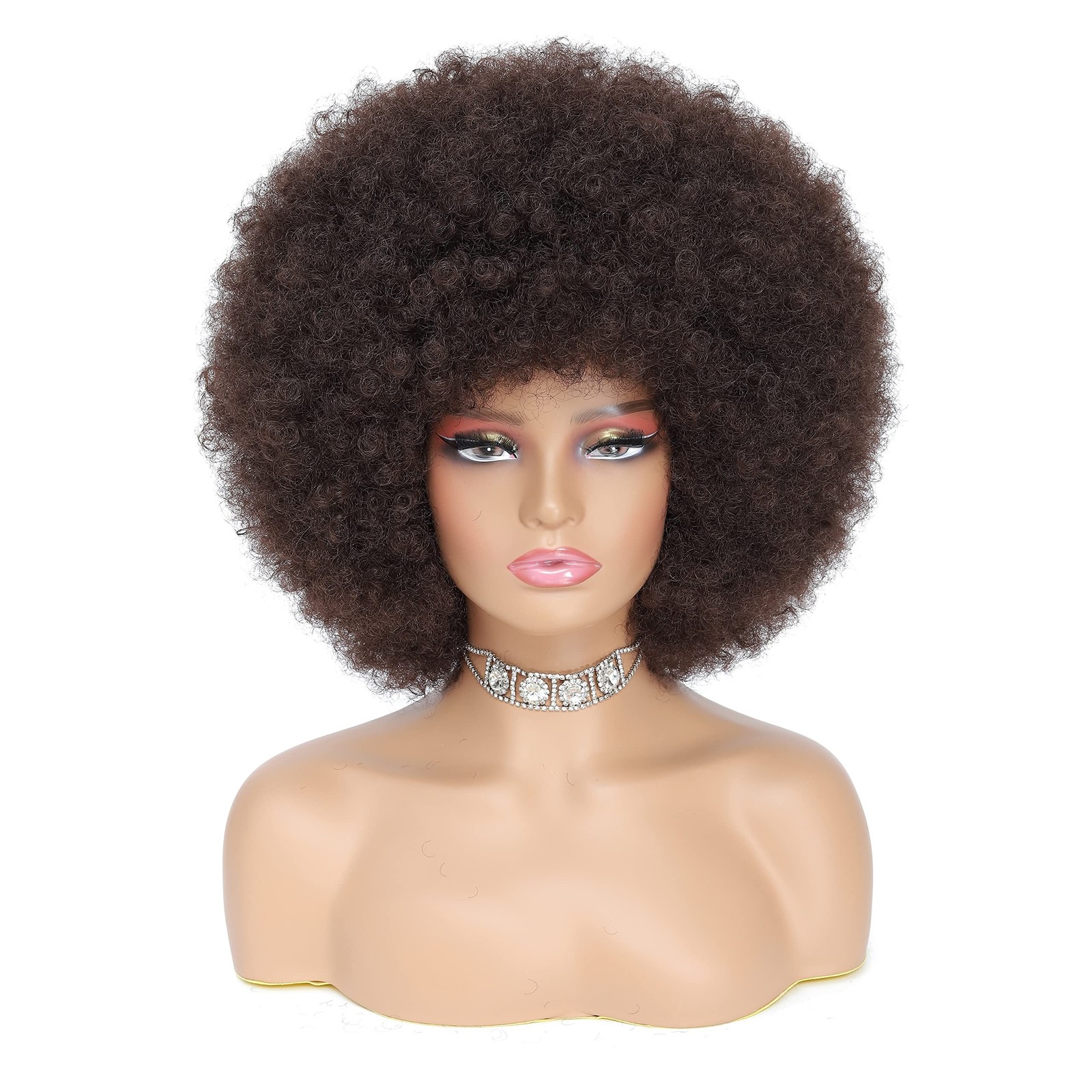 70s Afro Kinky Curly Wig For Women, Dark Brown, Synthetic Fibers, Soft, Bounc...