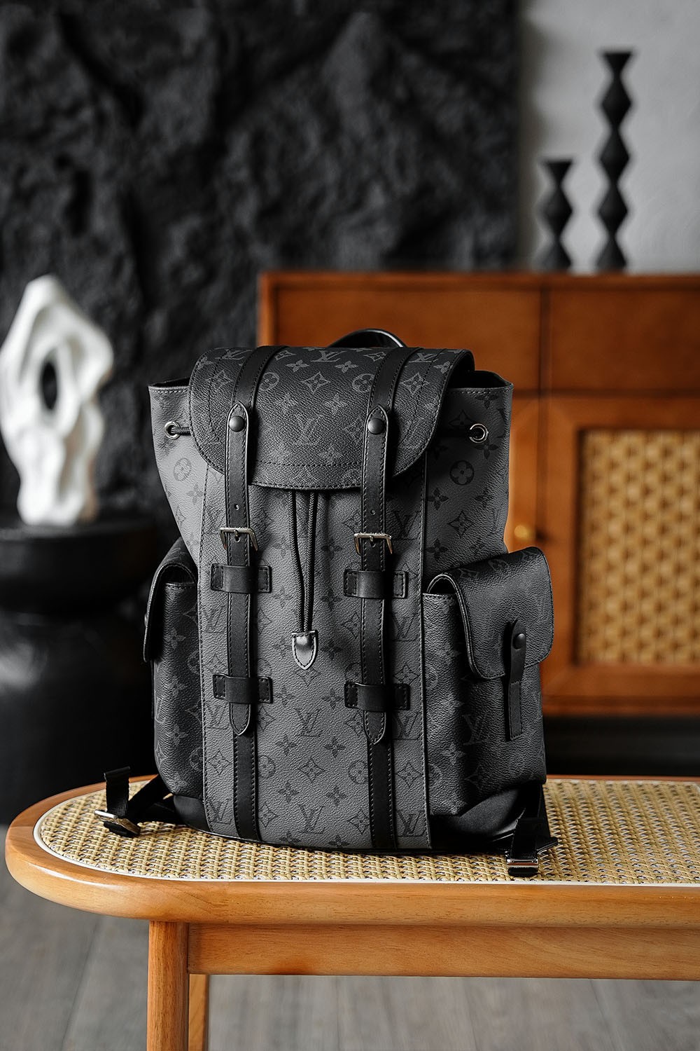 LVBeaute Black Eclipse Monogram Drawstring Backpack Men Travel Shoulder Bag