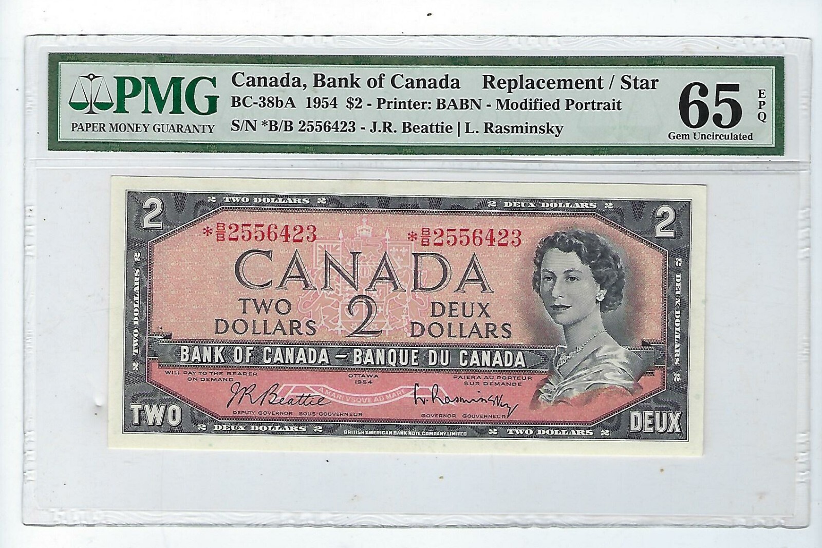 1954  Bank of Canada Replacement $2 BABN - Mod. Portrait BC-38bA  PMG 65 EPQ