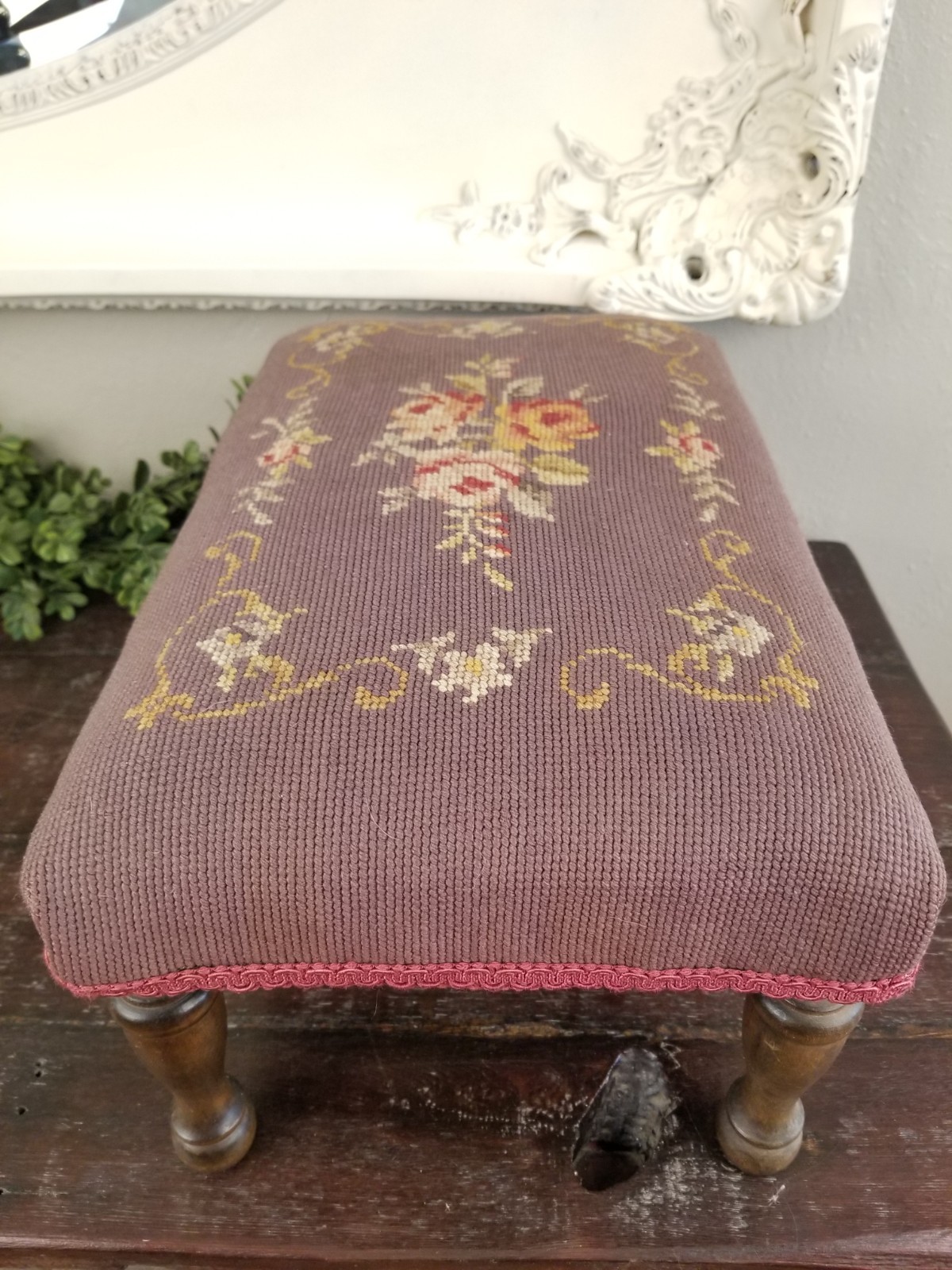 Antique Early 1900's Floral & Rose Needlepoint Wooden Footstool in Deep Mauve