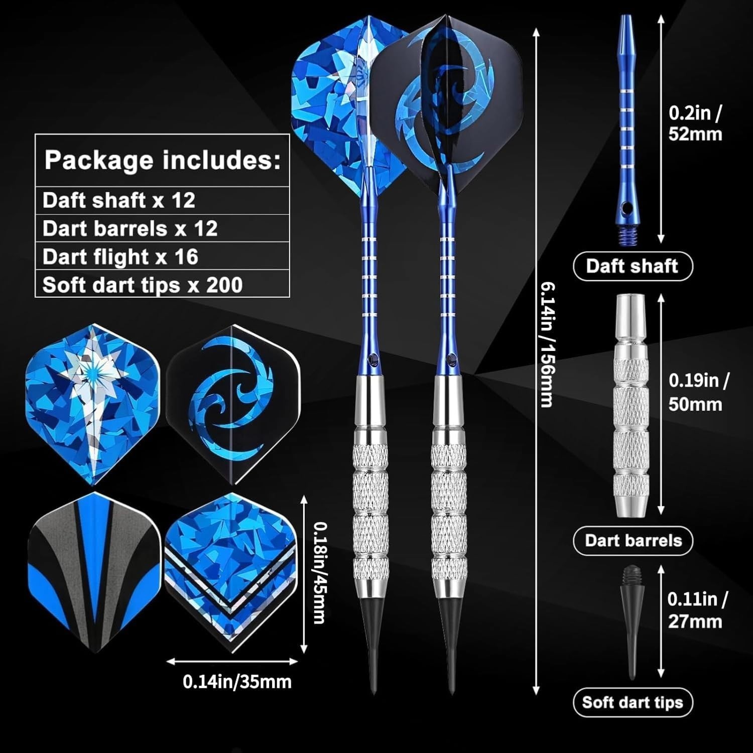 Professional Soft Tip Darts Set - 12 Darts, 16 Flights & 200 Plastic Tips