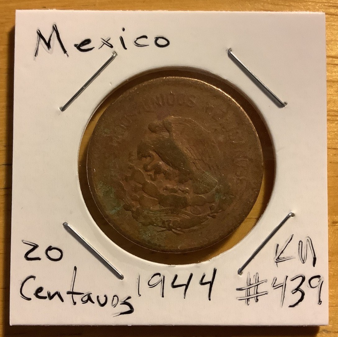 1944 Mexico 20 Centavos Copper Coin KM#439 WWII Era Circulated