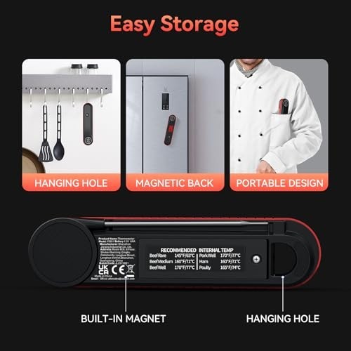 Instant Read Meat Thermometer 0.3s IP67 Waterproof Red Rotating Display BBQ