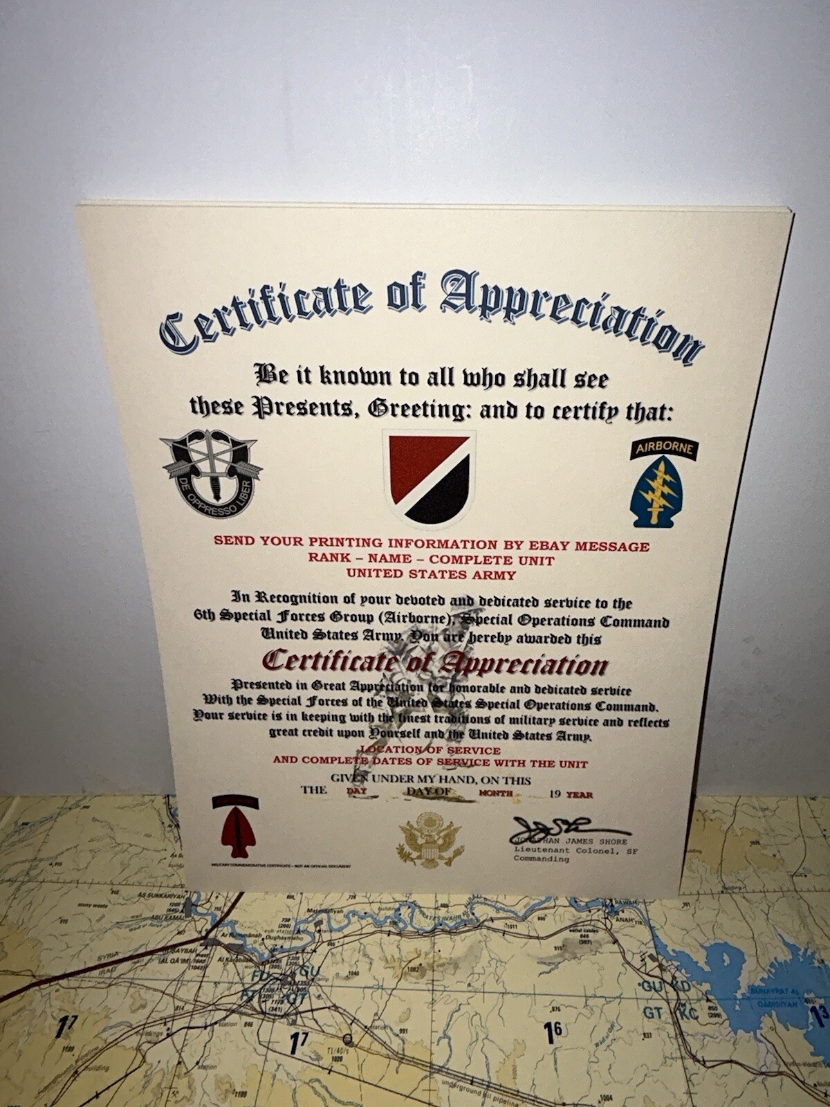U.S. ARMY - 6TH SPECIAL FORCES GROUP (ABN) CERTIFICATE OF APPRECIATION