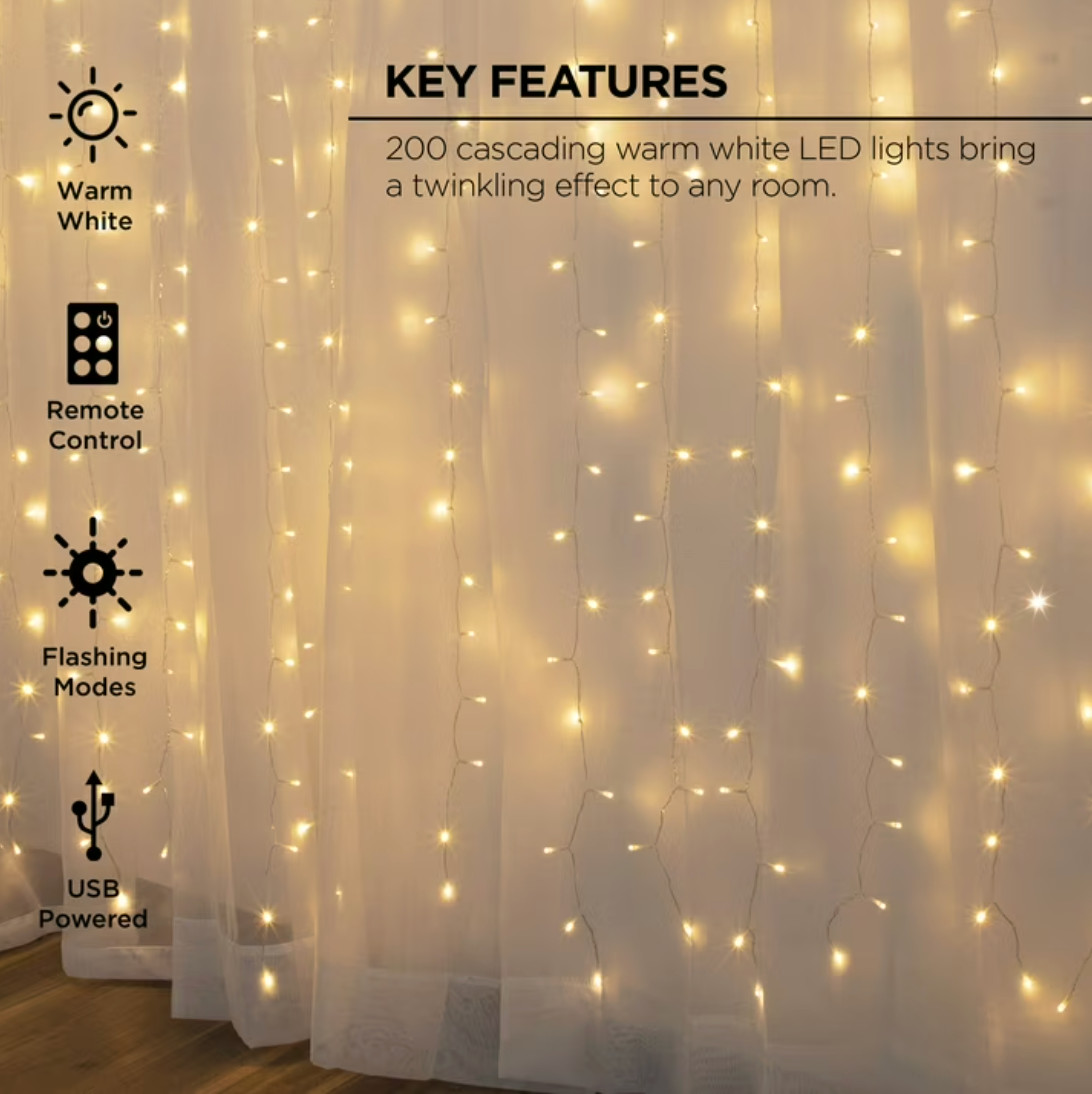 Merkury Innovations 200 LED Curtain String Lights Warm White USB w/ Remote 7ft