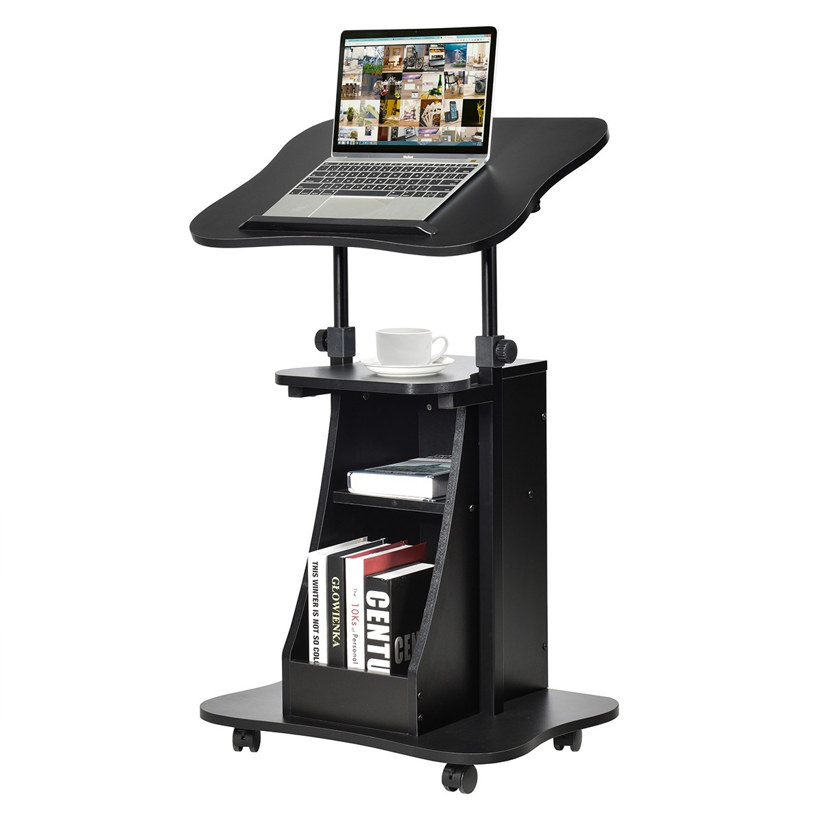 Sit-to-Stand Adjustable Laptop Desk Cart Rolling Mobile Features Storage Black