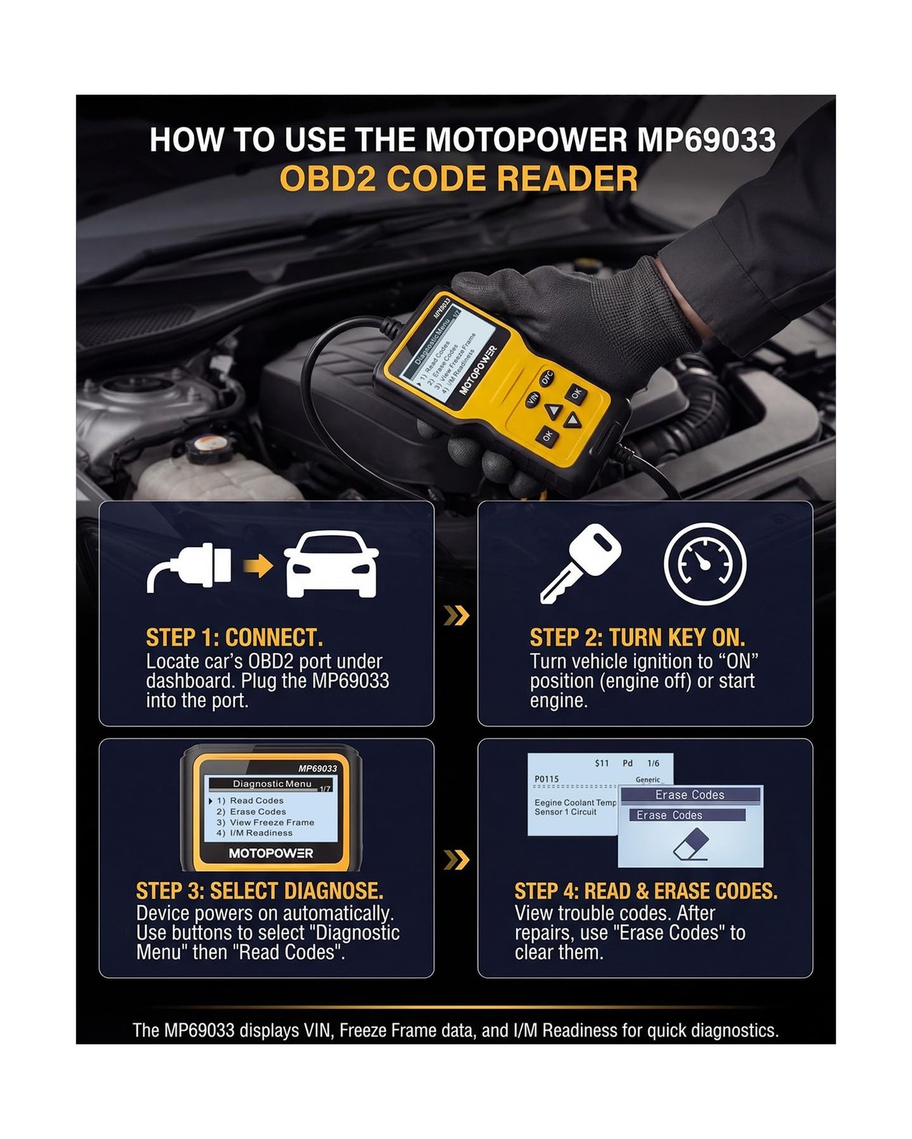 MOTOPOWER MP69033 Car OBD2 Scanner Code Reader Engine Fault Scanner CAN Diagn...