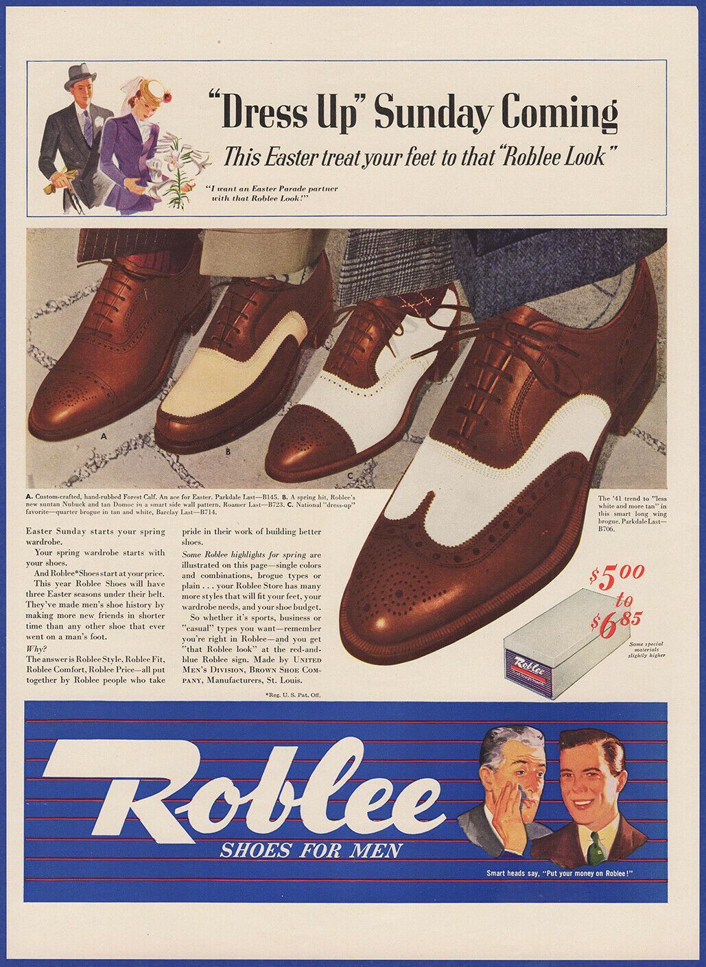 Vintage 1941 ROBLEE Shoes for Men Men's Fashion Brogue Oxford 40'sPrint Ad