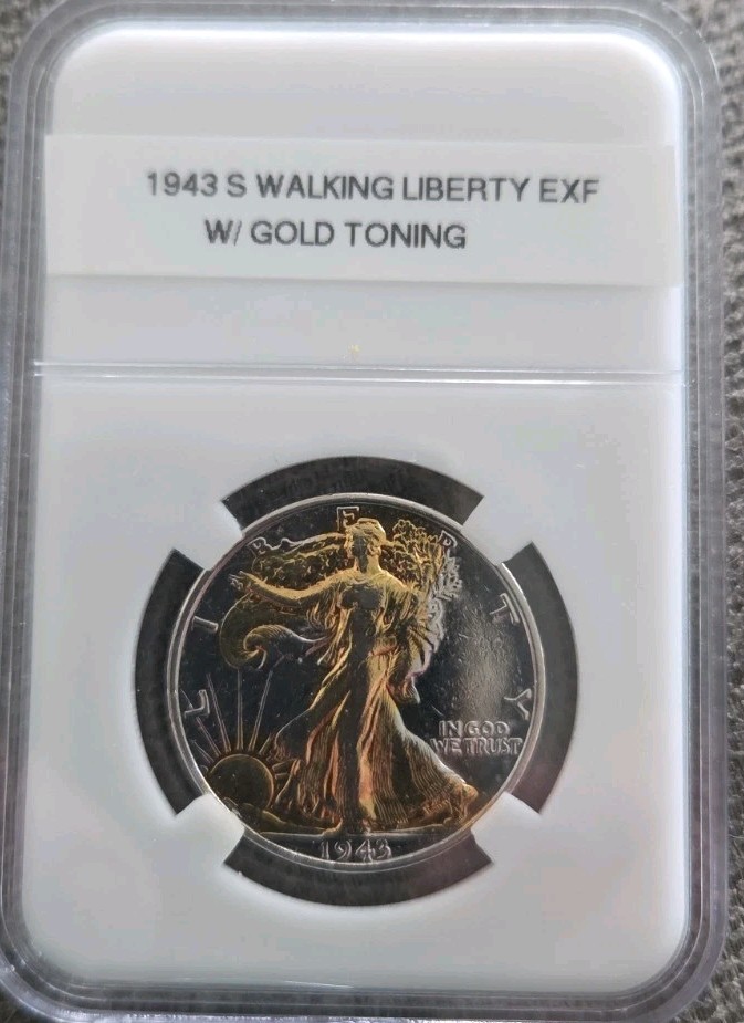 1943-S 50C Walking Liberty Half Dollar W/ Gold Toning EXF