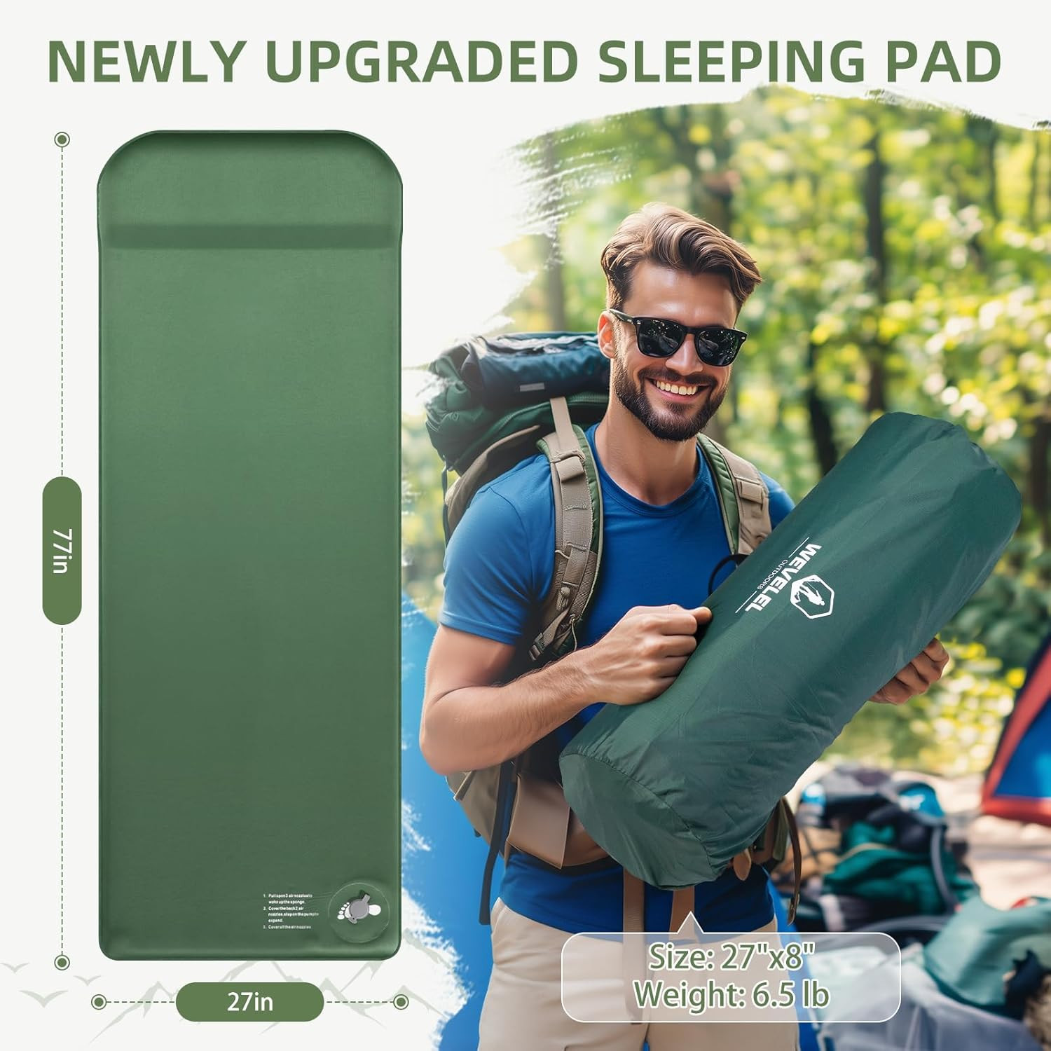 Memory Sleeping Pad, 3.1" Ultra-Thick Foam Sleeping Mats for Camping, Easy Infla