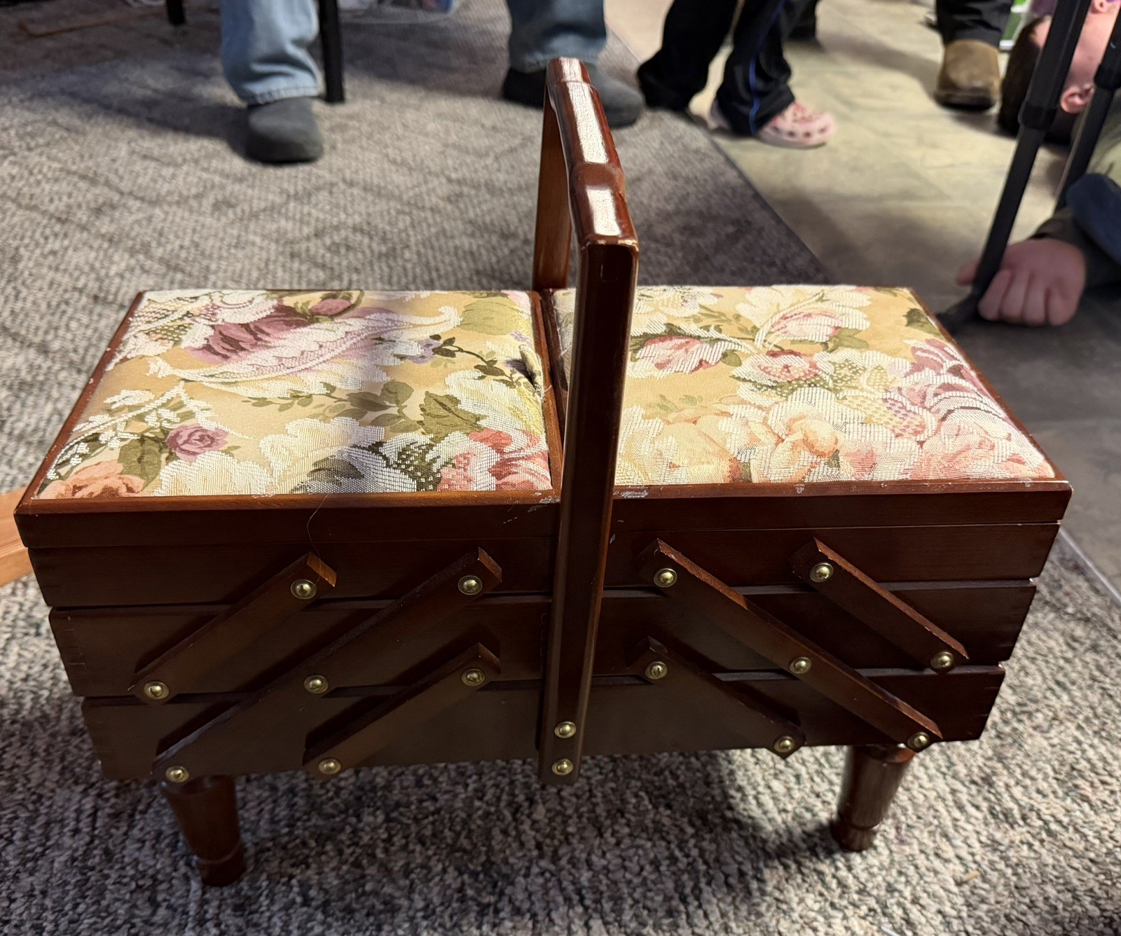 Antique Accordion Style Wood Sewing Box Cabinet with needle point top