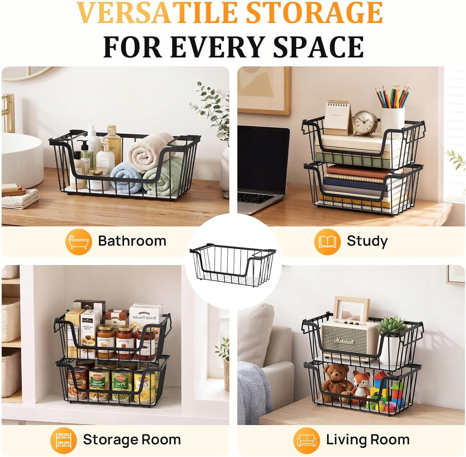 SUNALLY Stackable Storage Bins 4 Pcs Wire Baskets for Pantry Organizers and Stor