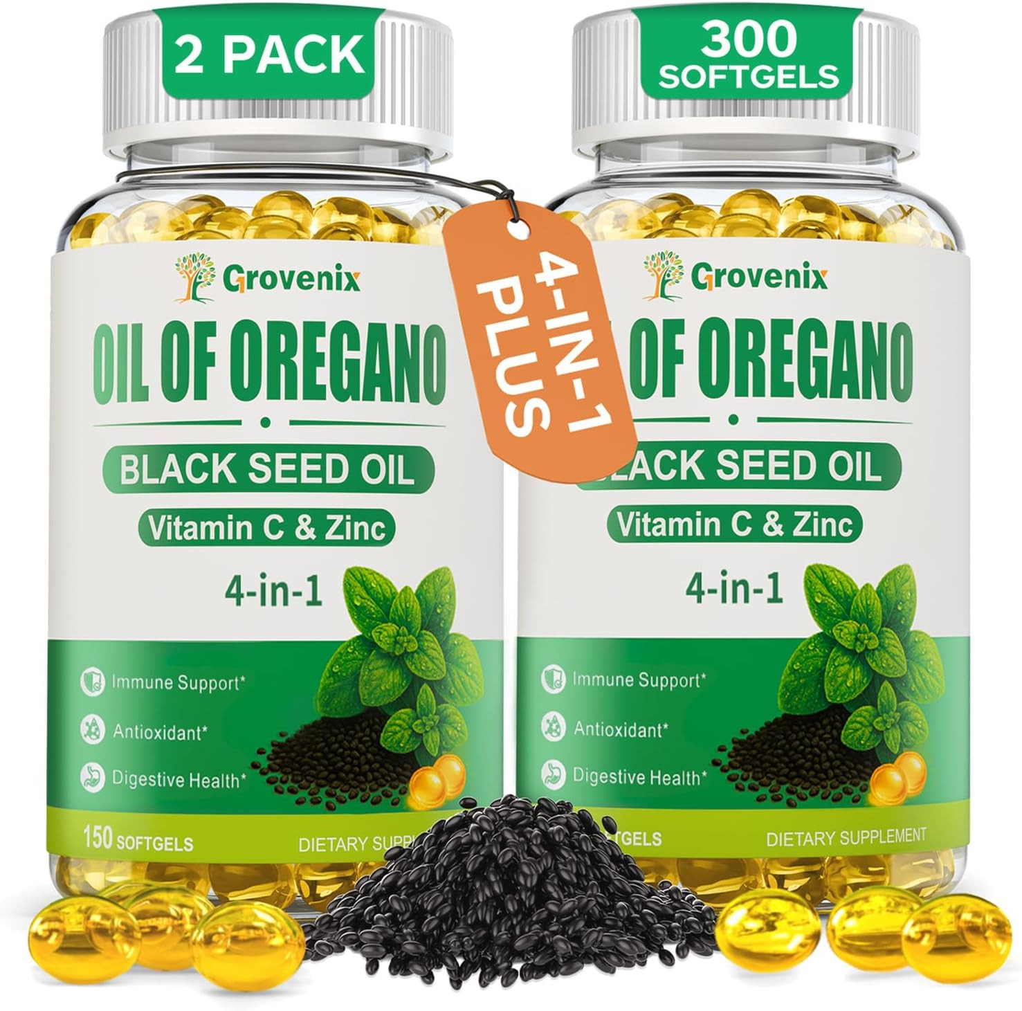 300 Count Organic Oregano Oil Softgels with Black Seed Oil, Wild Oregano Supplem