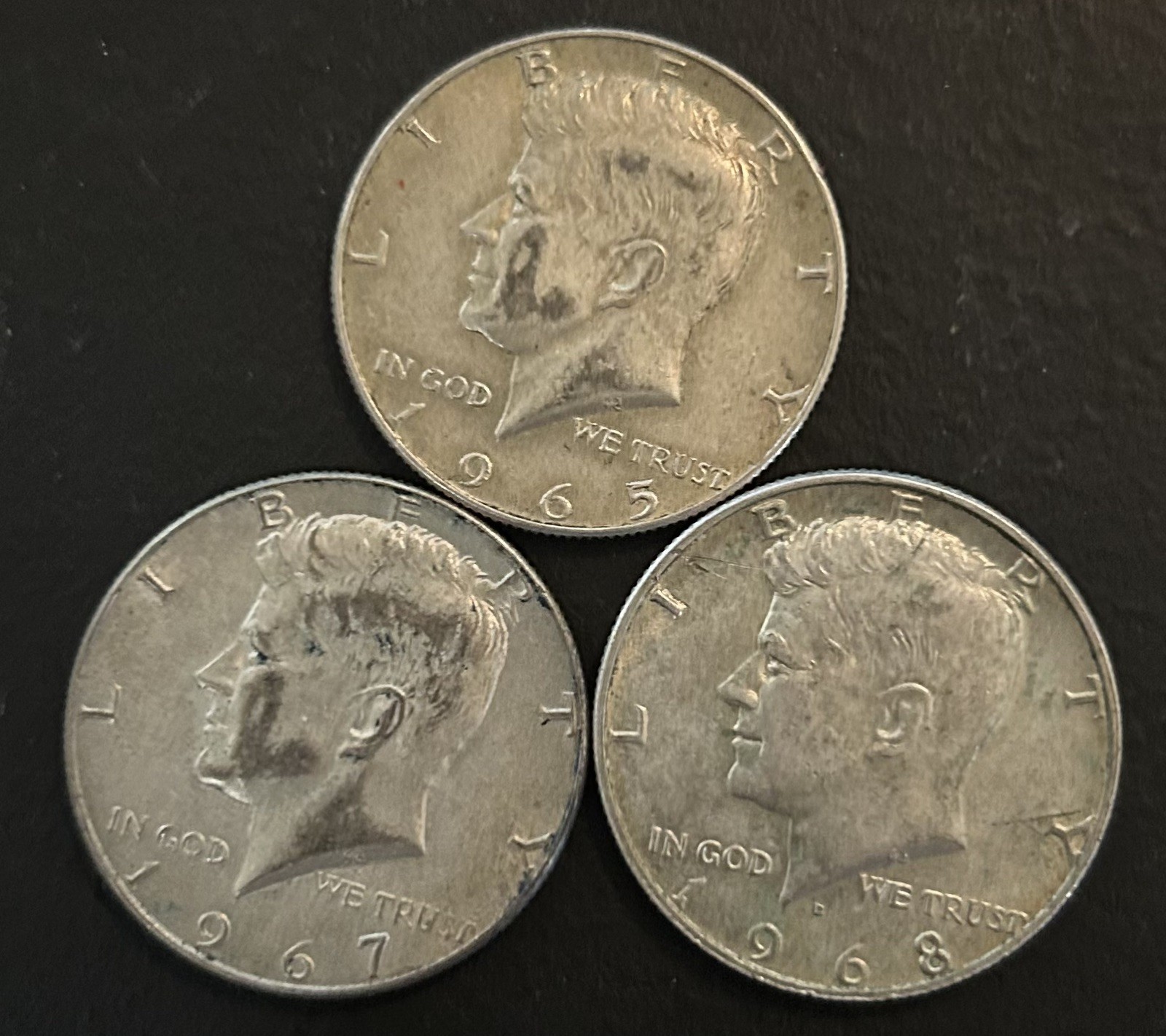 LOT OF (3) 1965, 1967, 1968d circulated Kennedy 40% Silver Half Dollars