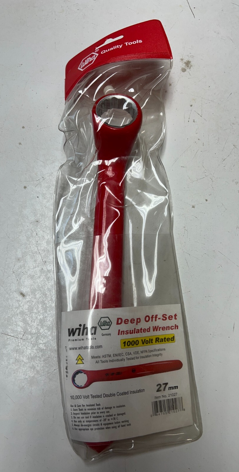 Wiha 21027 Insulated Metric Deep Offset 15 Degree Ring Wrench, 27mm 1000 V 11"