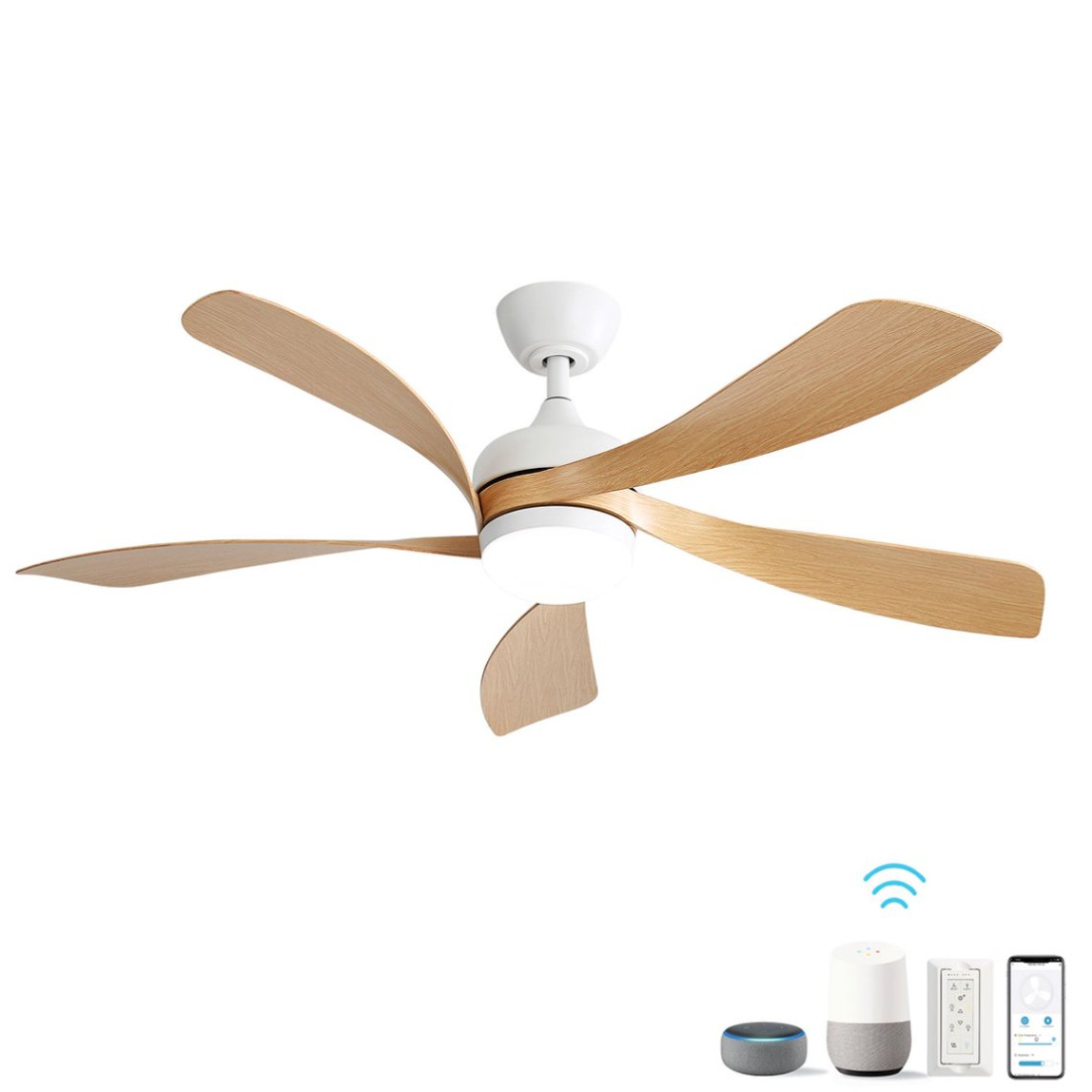 52 Inch Low Profile ABS Ceiling Fan with Lights Remote&Smart Control, White&Wood