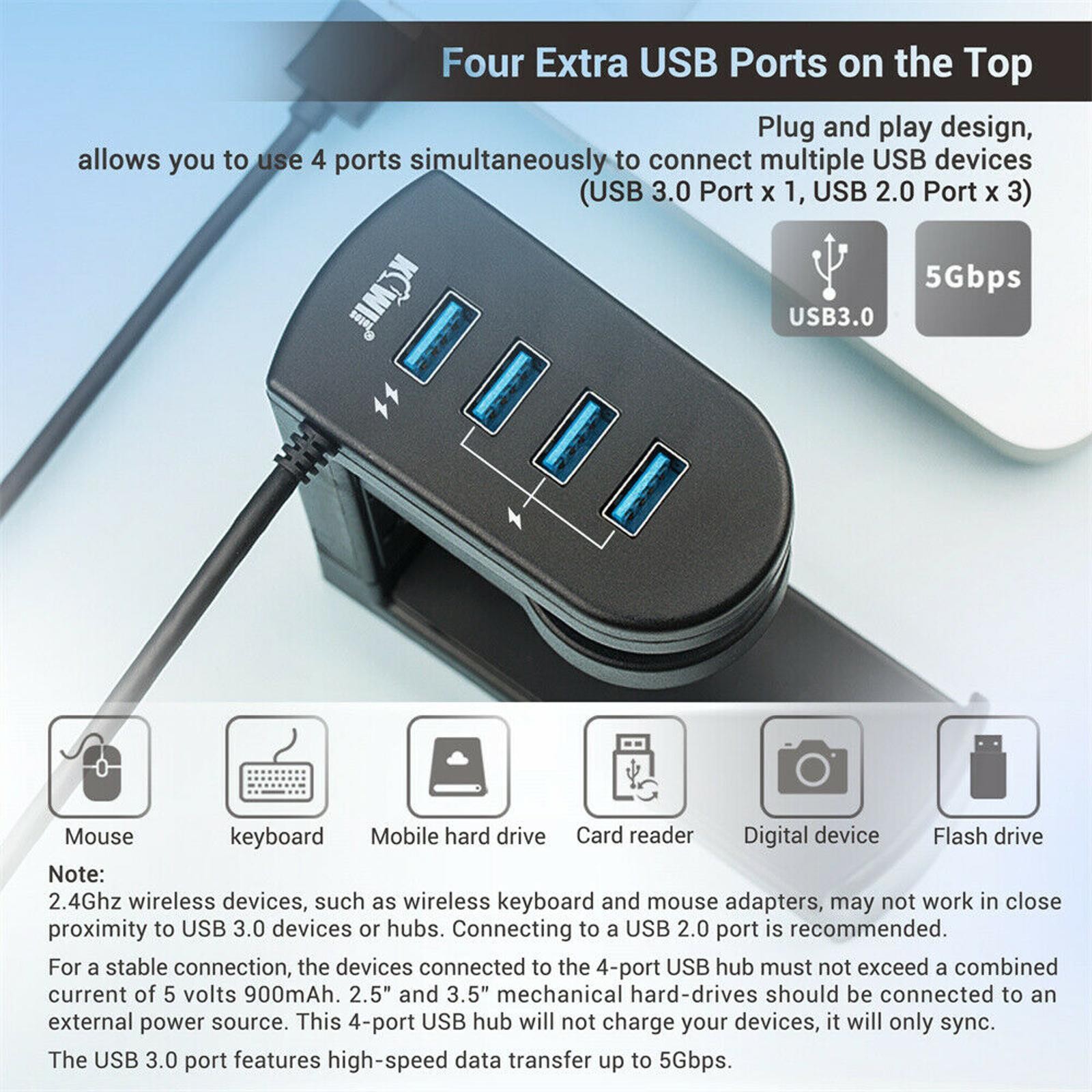 360° Rotation Headset Holder Earphone Storage Hook Stand 4-Port USB Data Hub vv