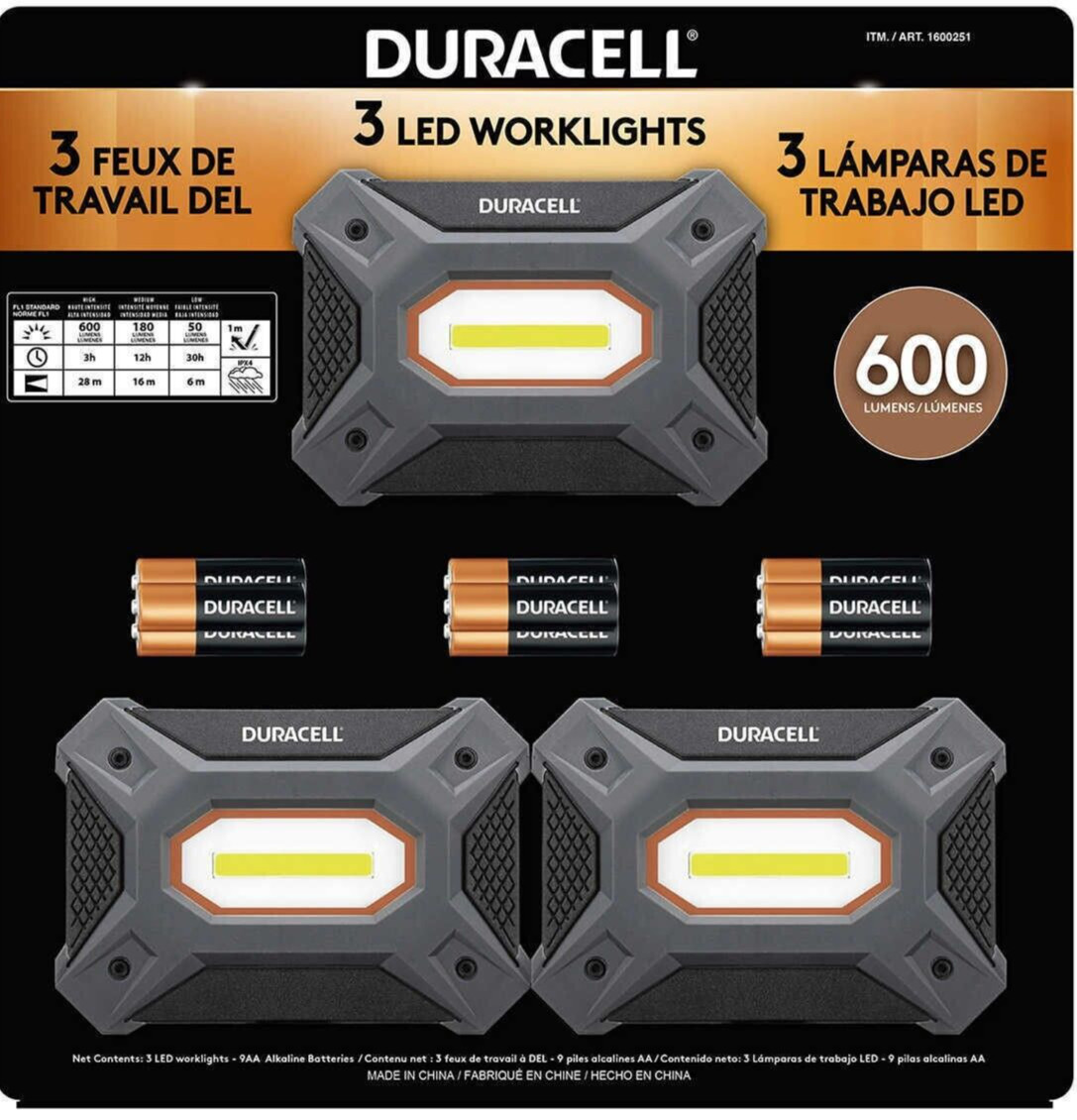 Duracell LED Work Lights Set of 3 600 Lumens Battery Operated 4Modes AA Included