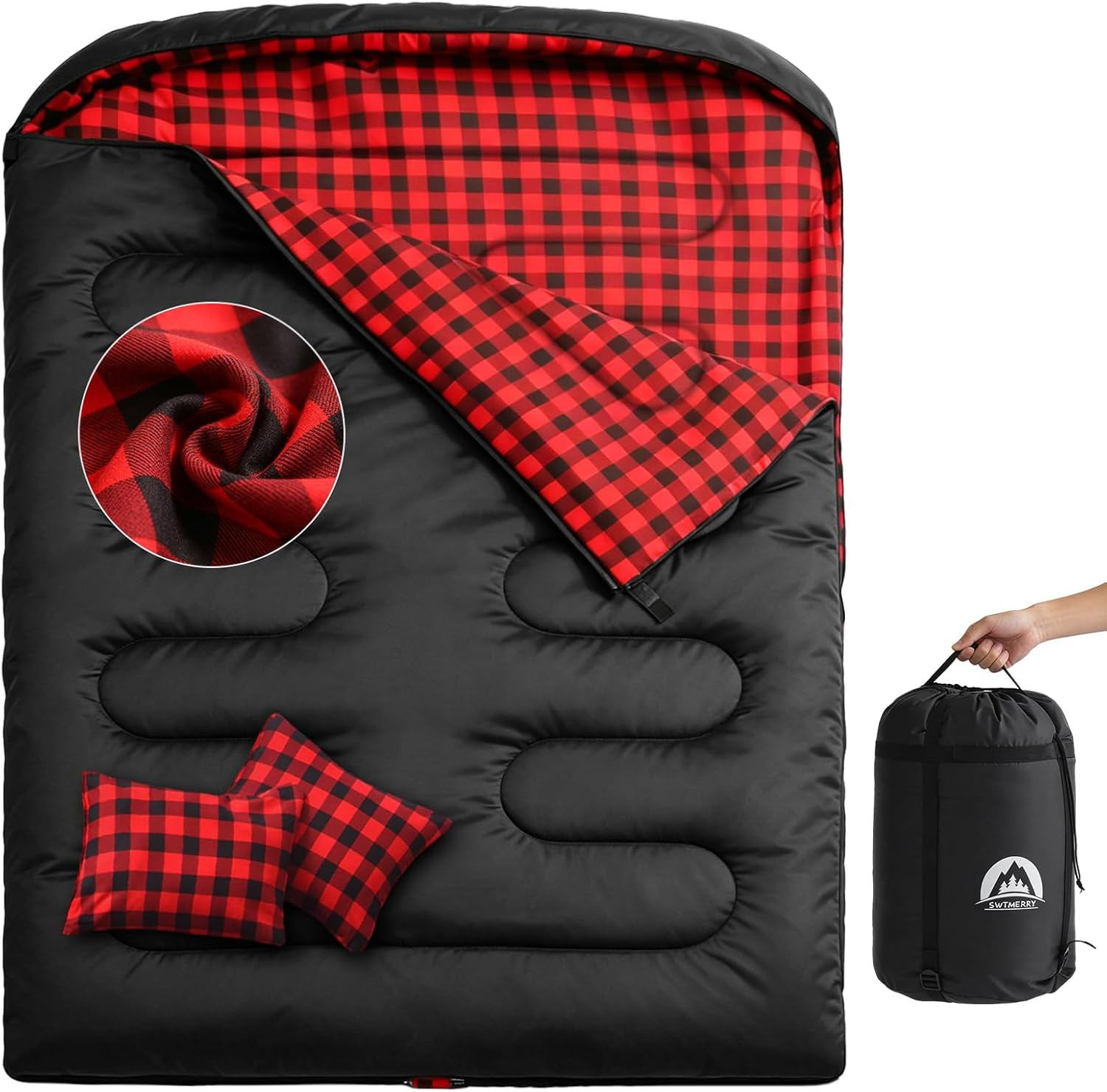 Swtmerry Double Sleeping Bag for Adults with 2 Pillows, Big&Tall XL Queen Size S