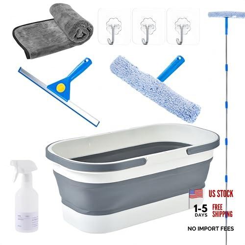 Window Cleaning kit with Foldable Bucket, 78" Long Handle for Home Outdoor |
