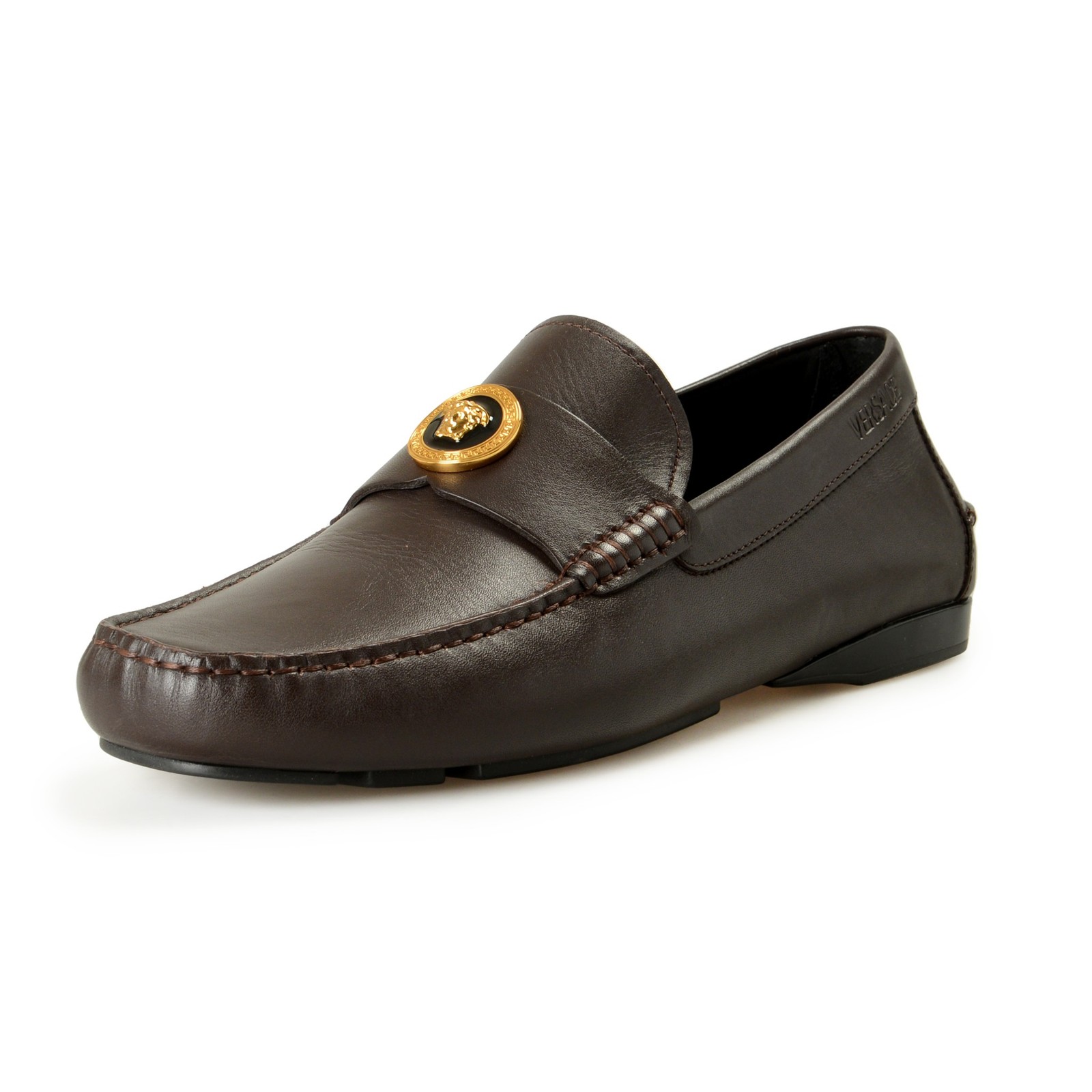 Versace Men's Brown 100% Leather Gold Medusa Car Shoes Loafers Shoes US 9 IT 42