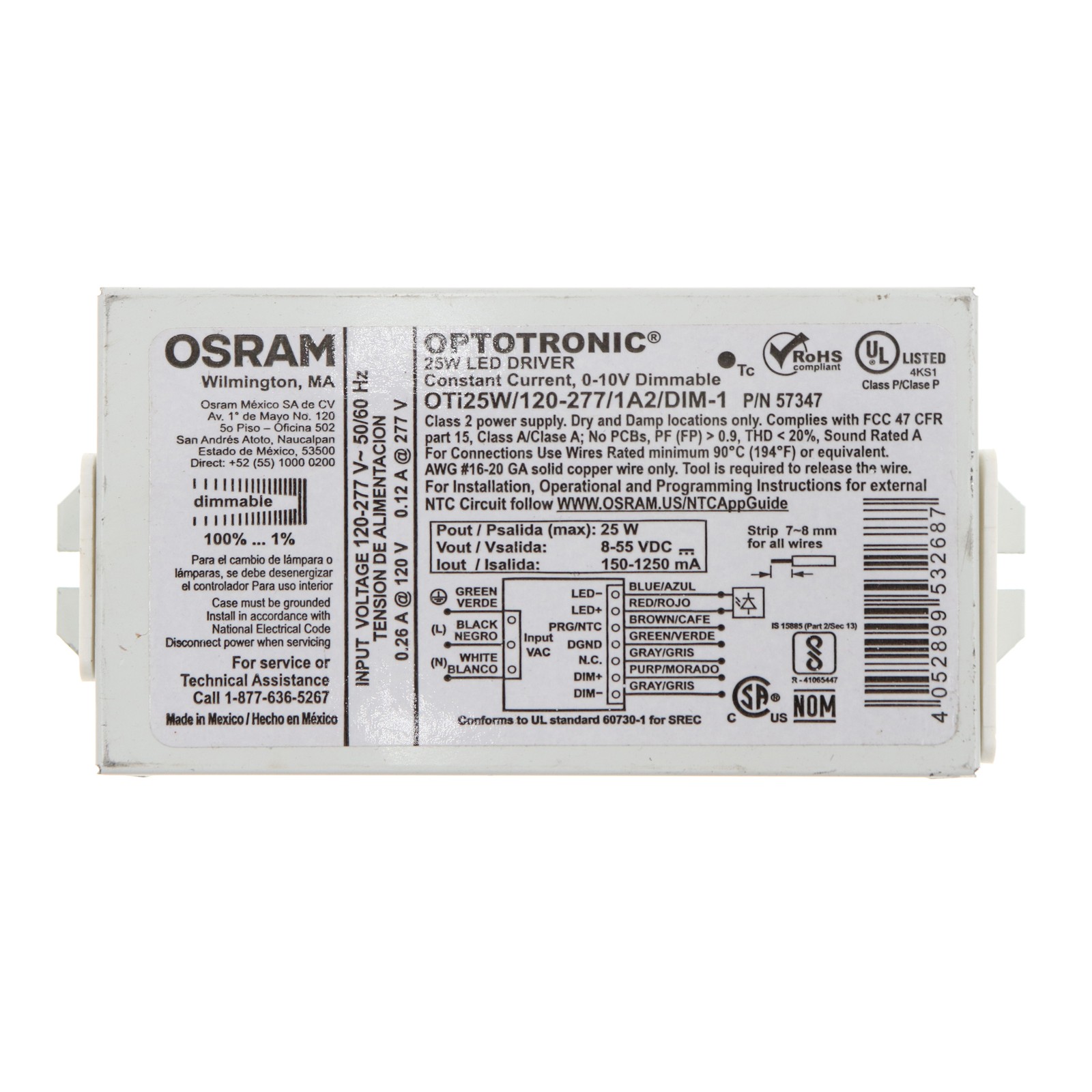 OSRAM OTI25W/120-277/1A2/DIM-1 LED DRIVER, 0-10V DIMMABLE, 25W, 8-55VDC, 120/277