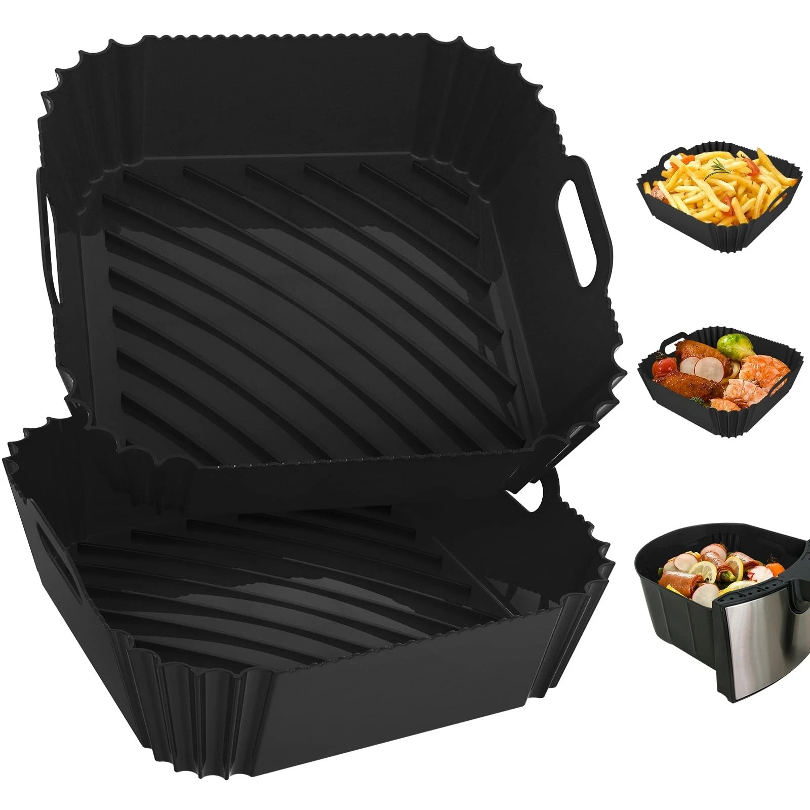 2 Pack Silicone Air Fryer Liners Reusable, 7.1 Inch For 4-7 QT, Black
