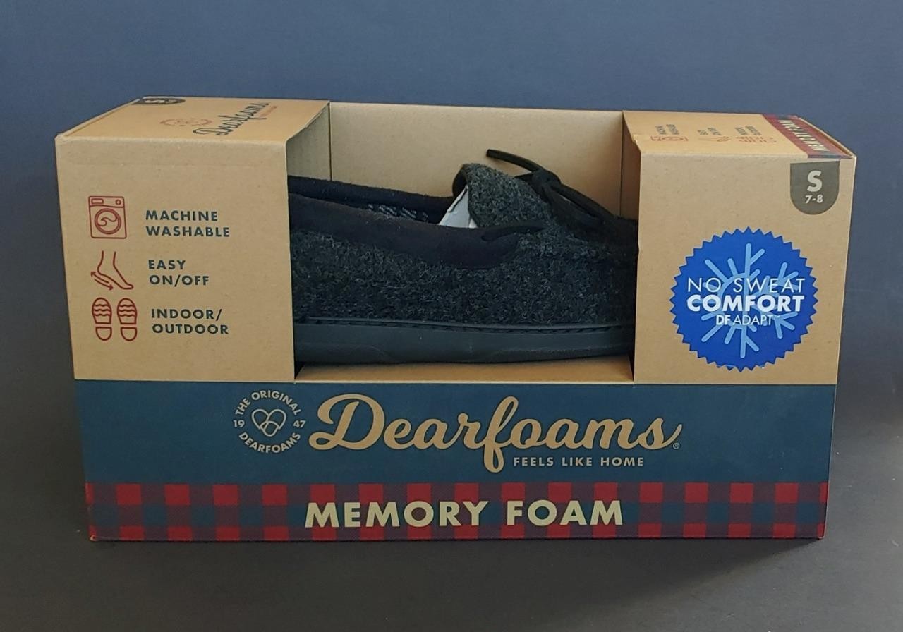Mens DEARFOAM No Sweat Comfort Slippers S7-8 Indoor/Outdoor Memory Foam Blk gray