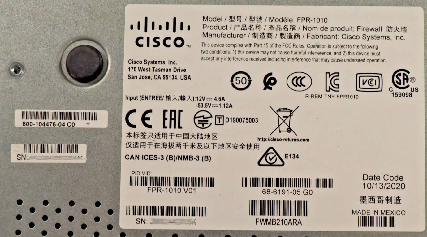 Cisco Firepower 1000 Series FRP-1010 Network Security Firewall Appliance NO PSU