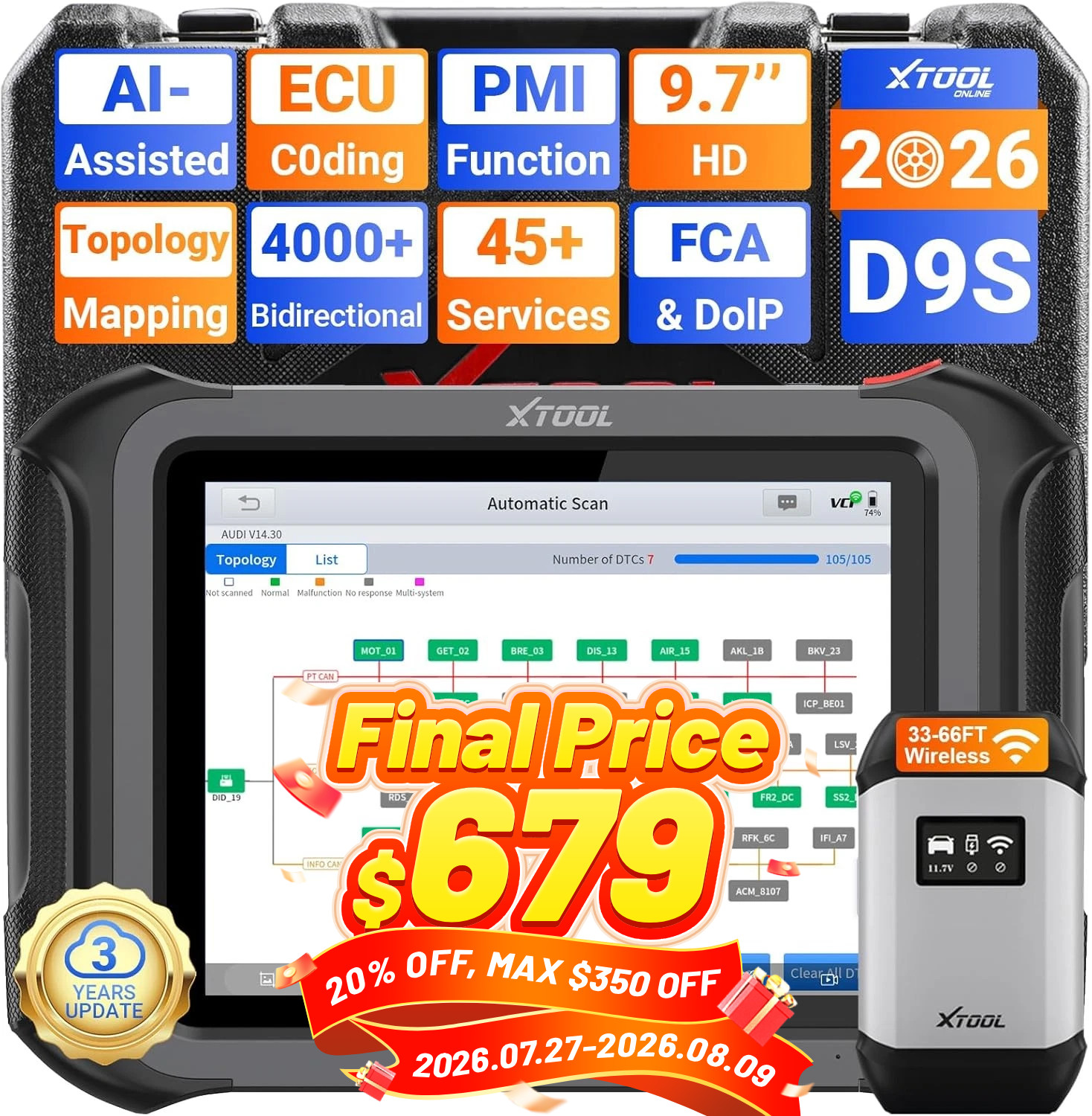 🏆2026 XTOOL D9S V2.0 Offline ECU Programming OBD2 Scanner Diagnostic Tool FCA