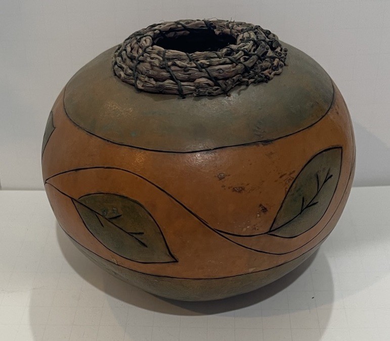 Gourd Green & Gold With Painted Leaves by Artist KAREN SAVISKAS - 1997- 5”x6”