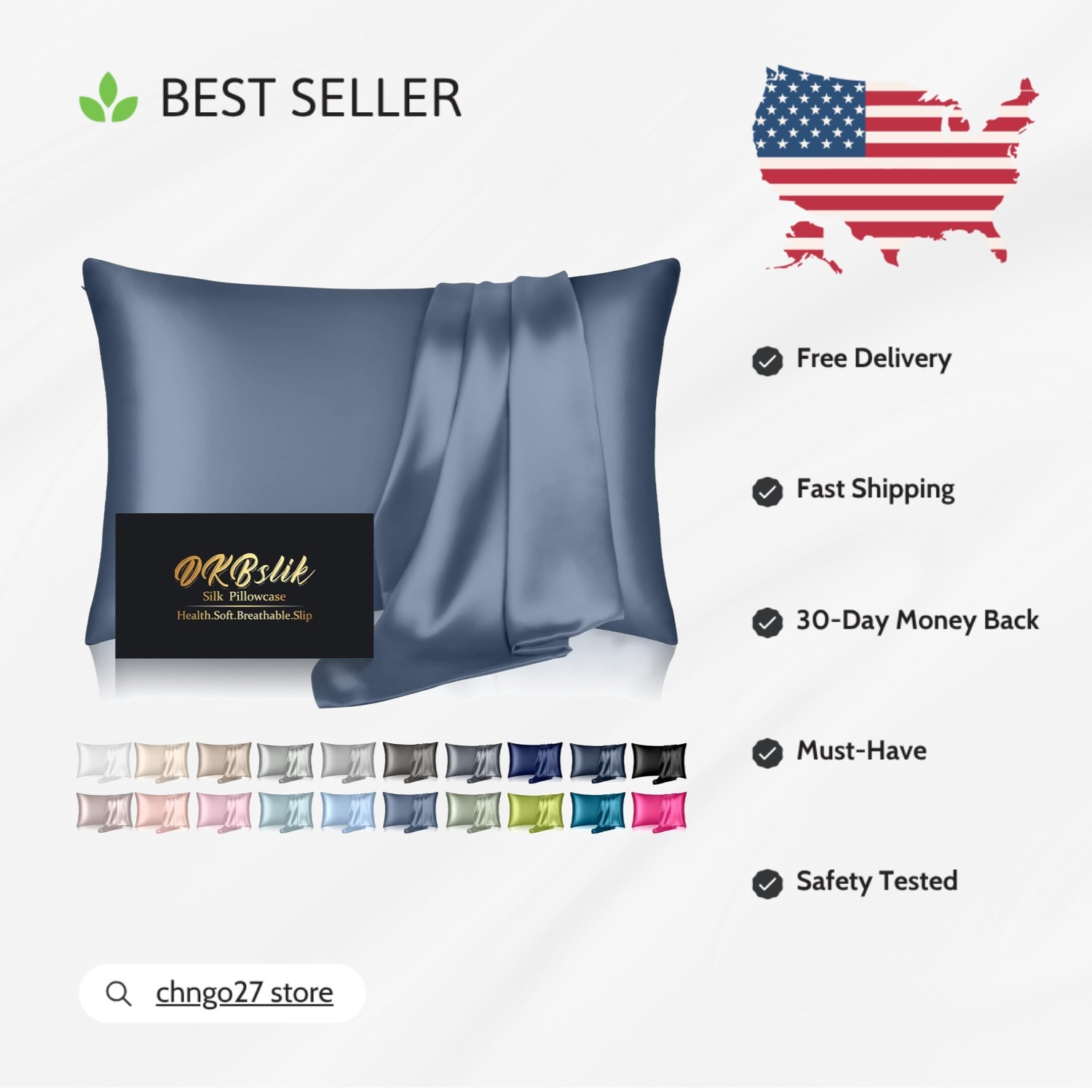 Silk Pillowcase for Hair & Skin Care - Hypoallergenic, Hidden Zipper, Ash Blue
