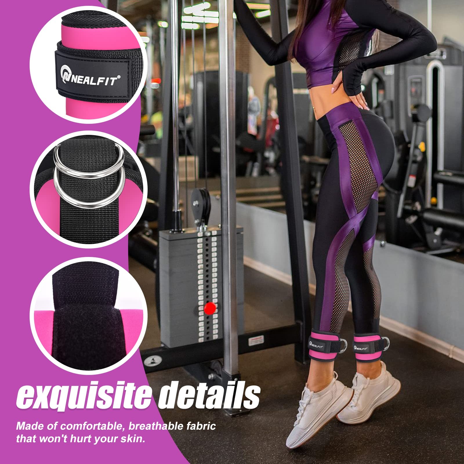 NEALFIT Ankle Strap for Cable Machine, Gym Cuff Single, Pink