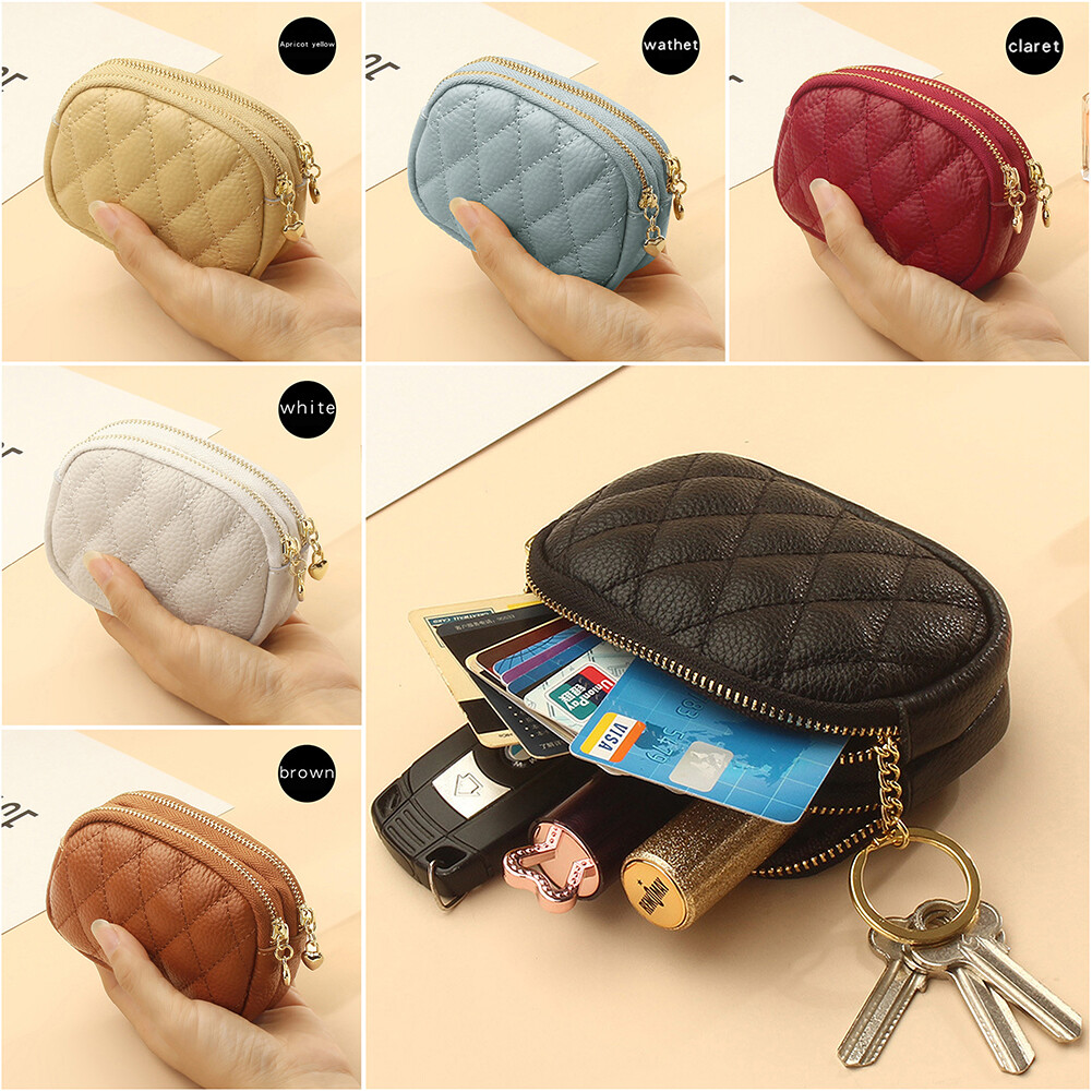 Women Genuine Leather Zip Coin Purse With Key Ring 2 Zippered Card Holder Wallet