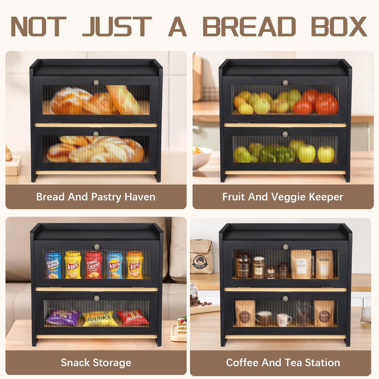 VEDALIO Bread Box For Kitchen Countertop, Black Breadbox, Bread Boxes for Kit...