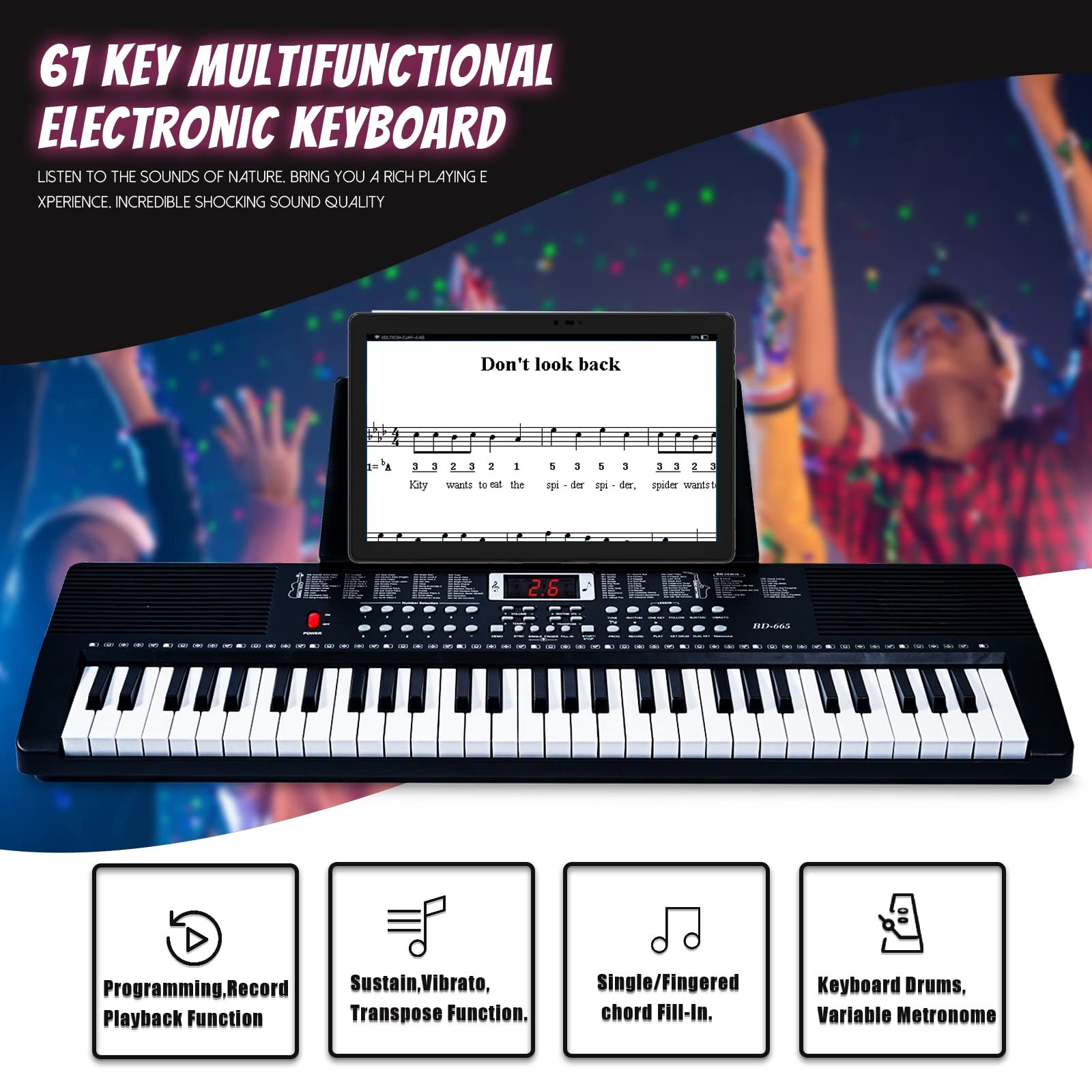 IMGZAR 61 Key Keyboard Piano for Beginners with Lighted Keys & Pro Teaching M...